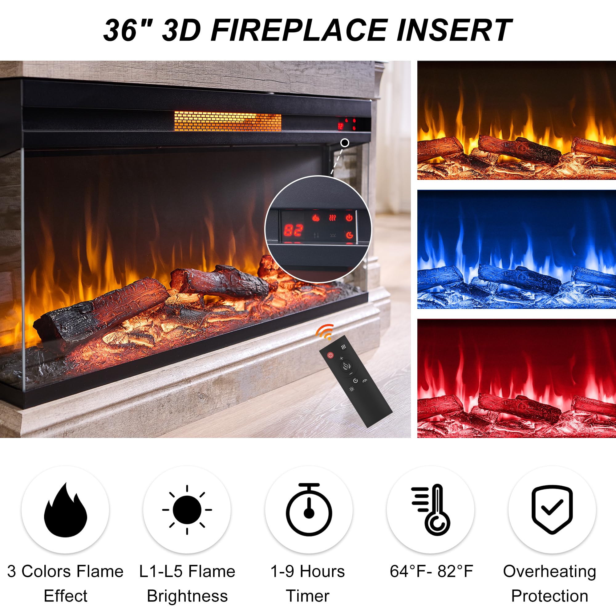 52" Electric Fireplace TV Stand with 3-Side Glass Insert and Storage