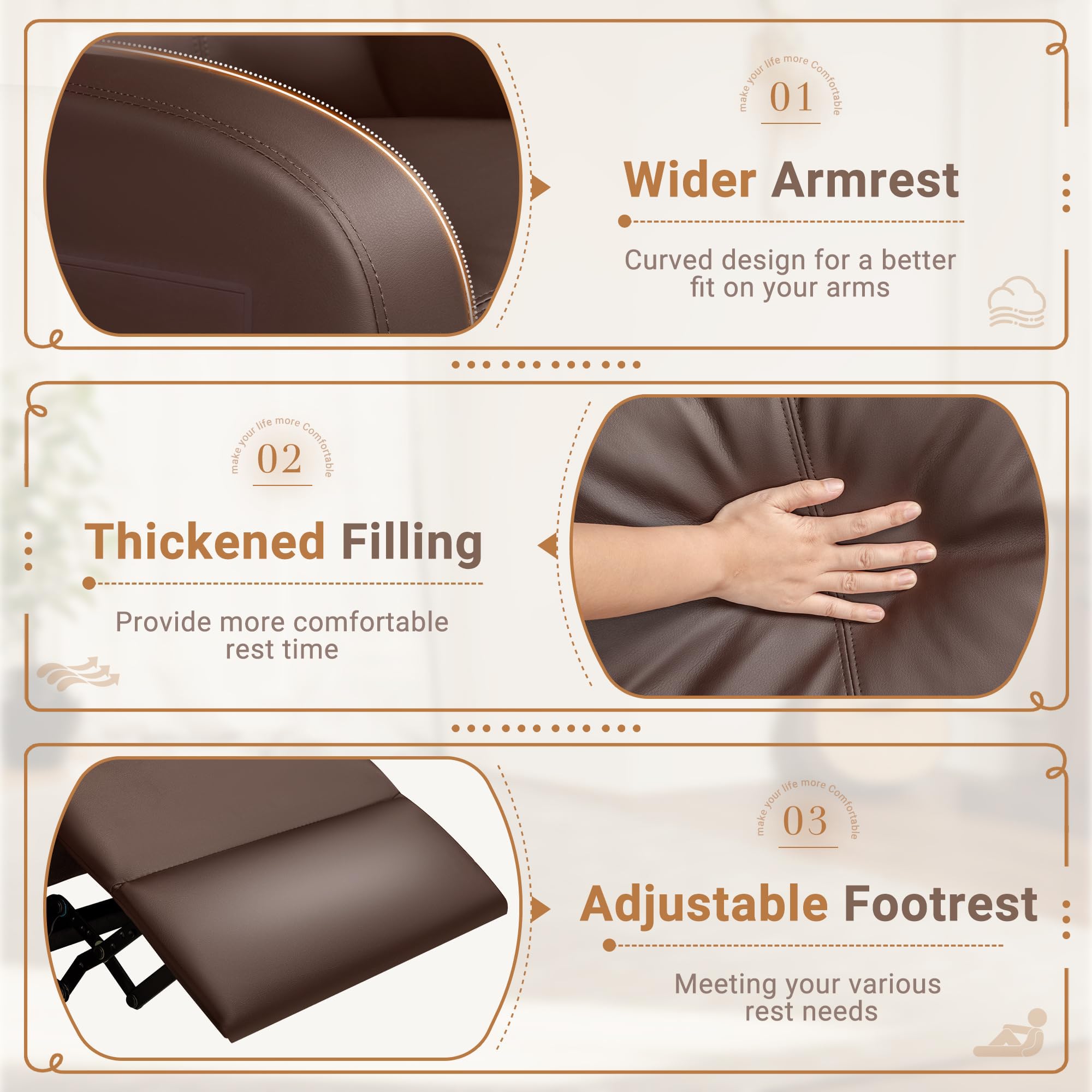 Rankok Recliner Chair Modern PU Leather Reclining Chair Ergonomic Adjustable Recliner for Living Room Home Theater Seating Single Sofa (Brown)