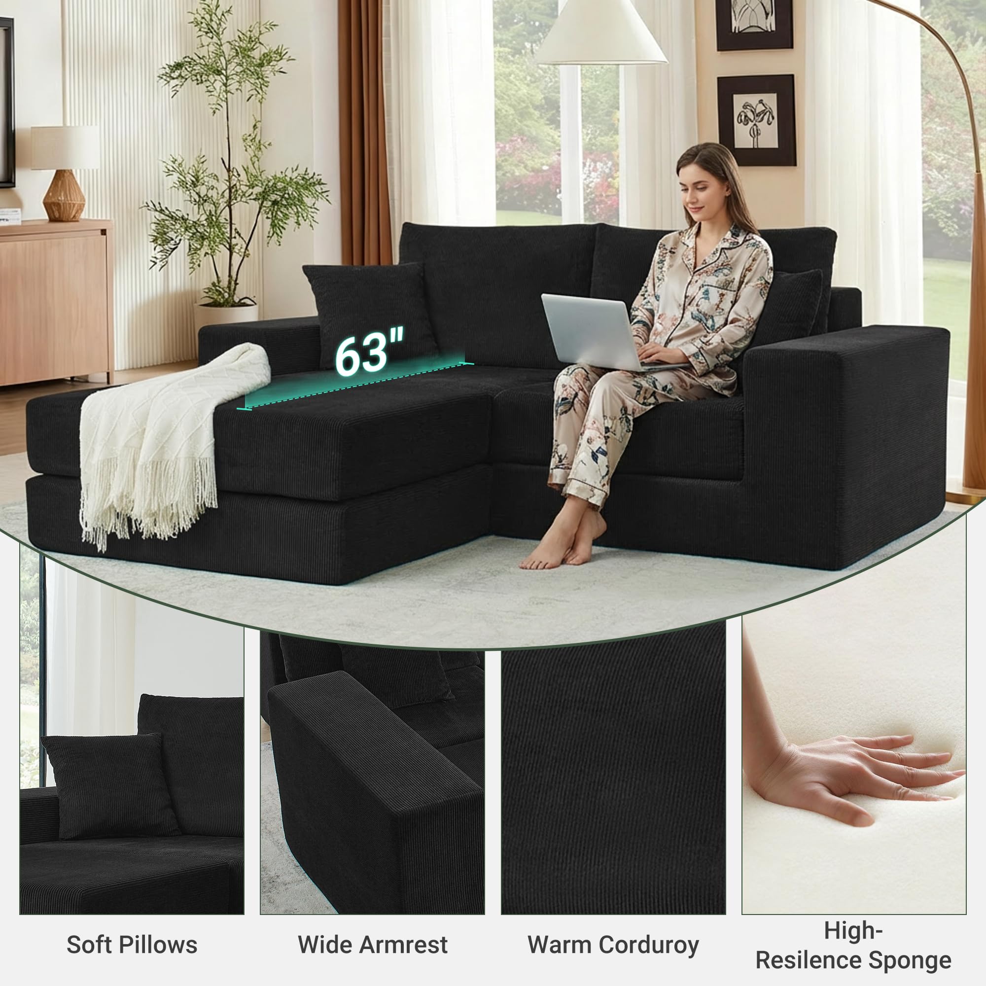 Modular Sectional Cloud Sofa 3-Seater L-Shaped Convertible
