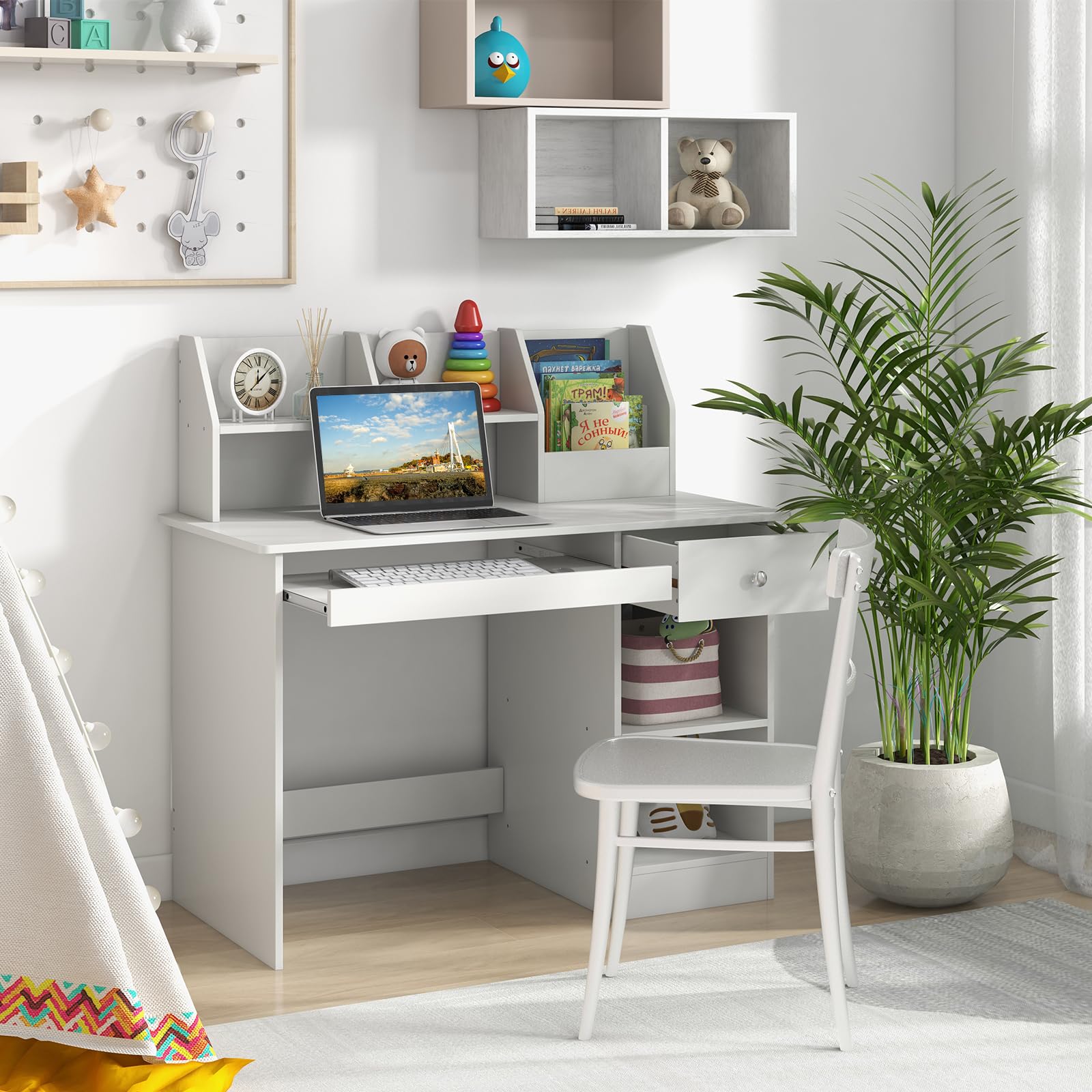 Kids Wooden Study Desk with Hutch and Storage Shelves