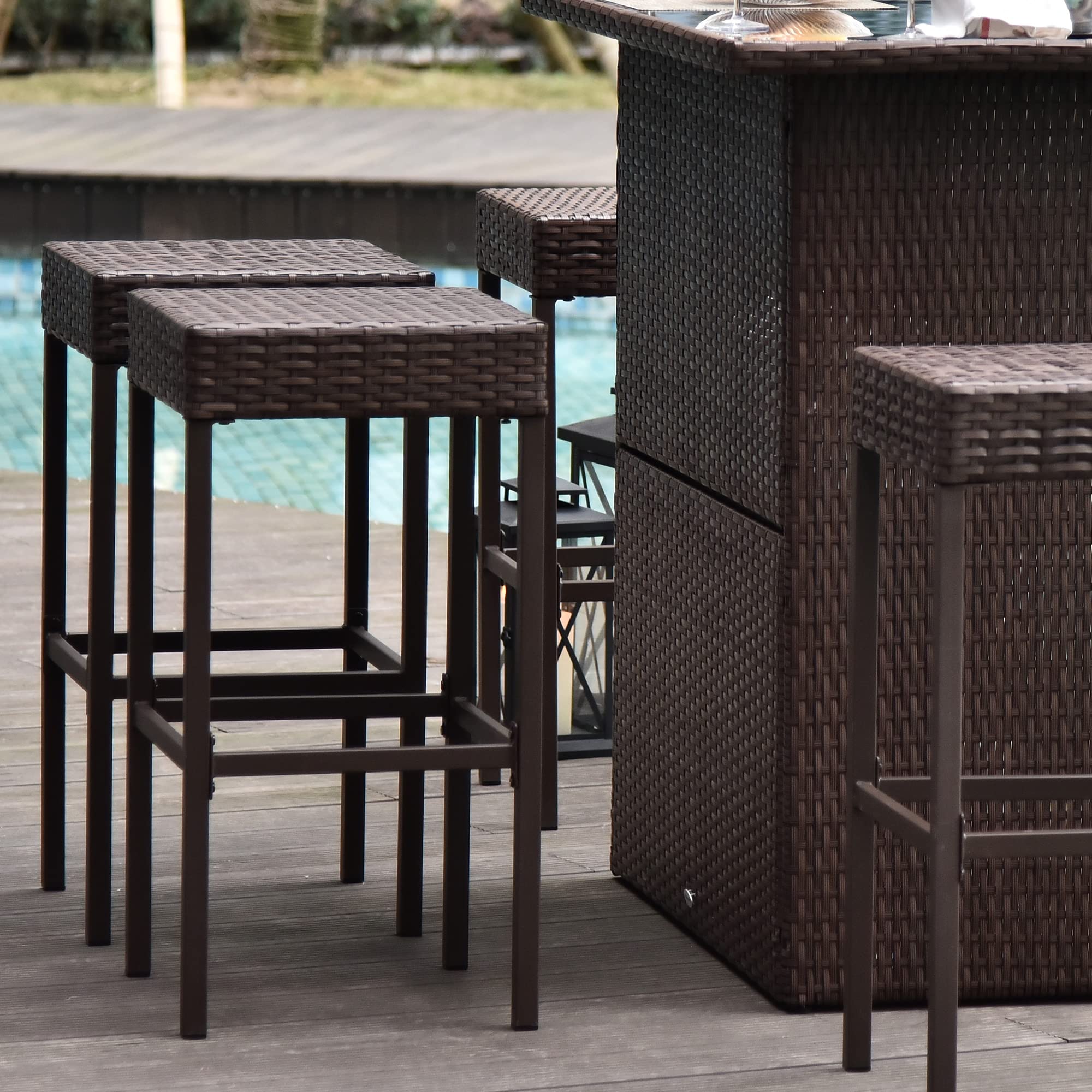 5-Piece Rattan Wicker Bar Set with Glass Top