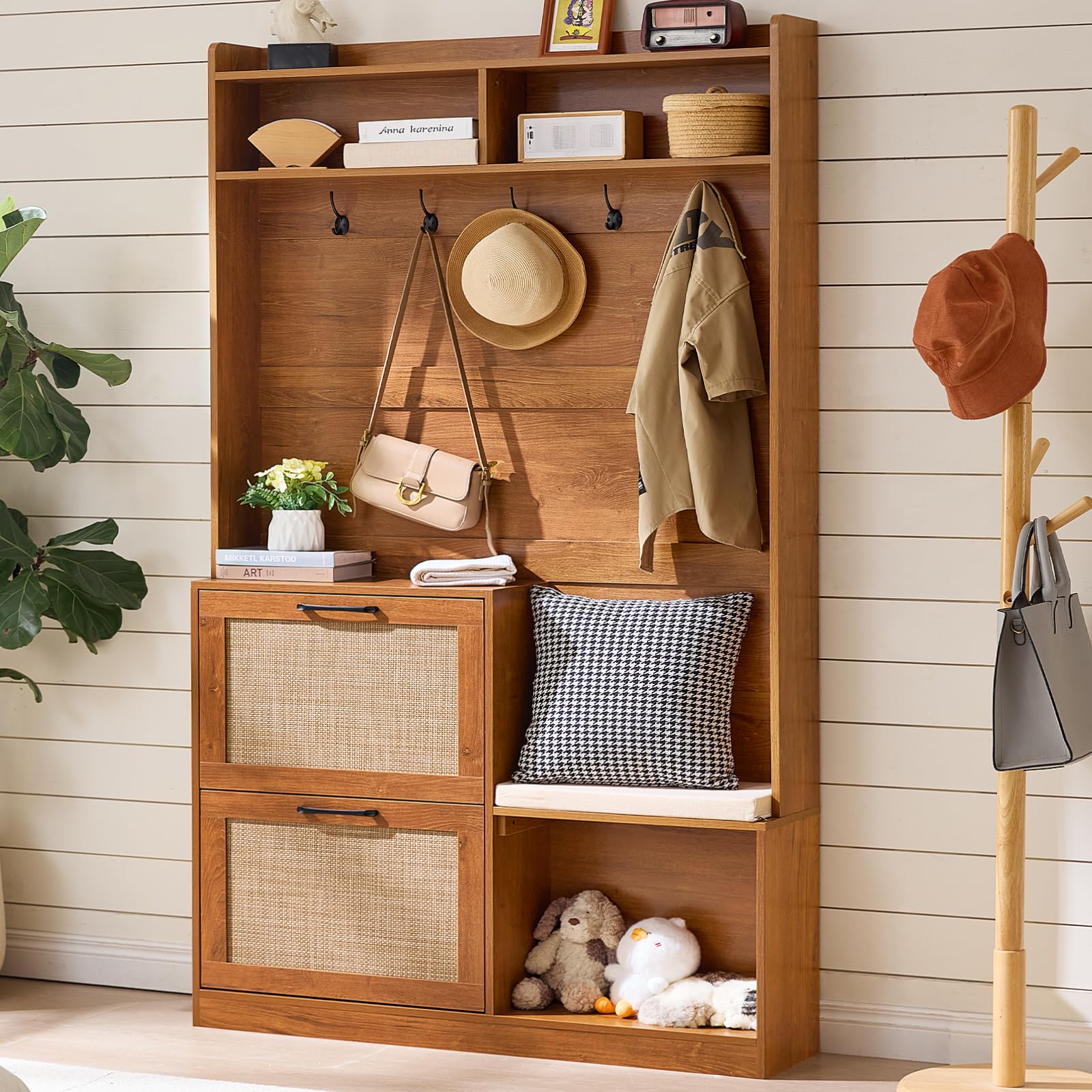 Boho Hall Tree with Bench & Shoe Storage