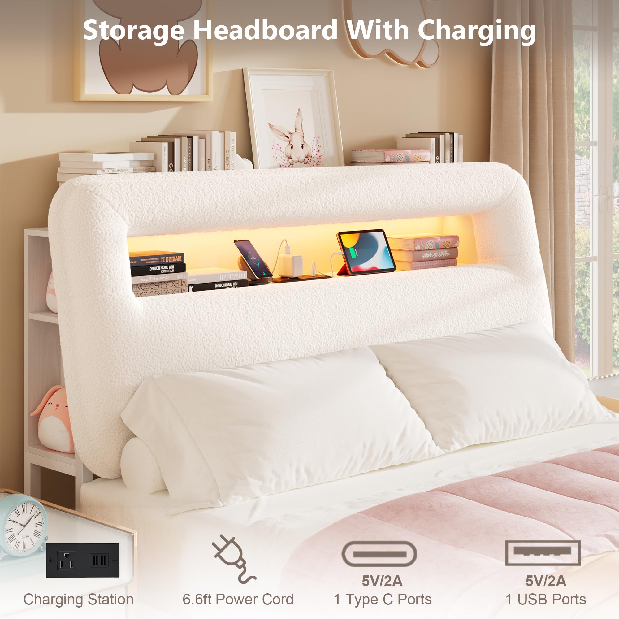 King LED Bed Frame with Storage Headboard and Charging Station