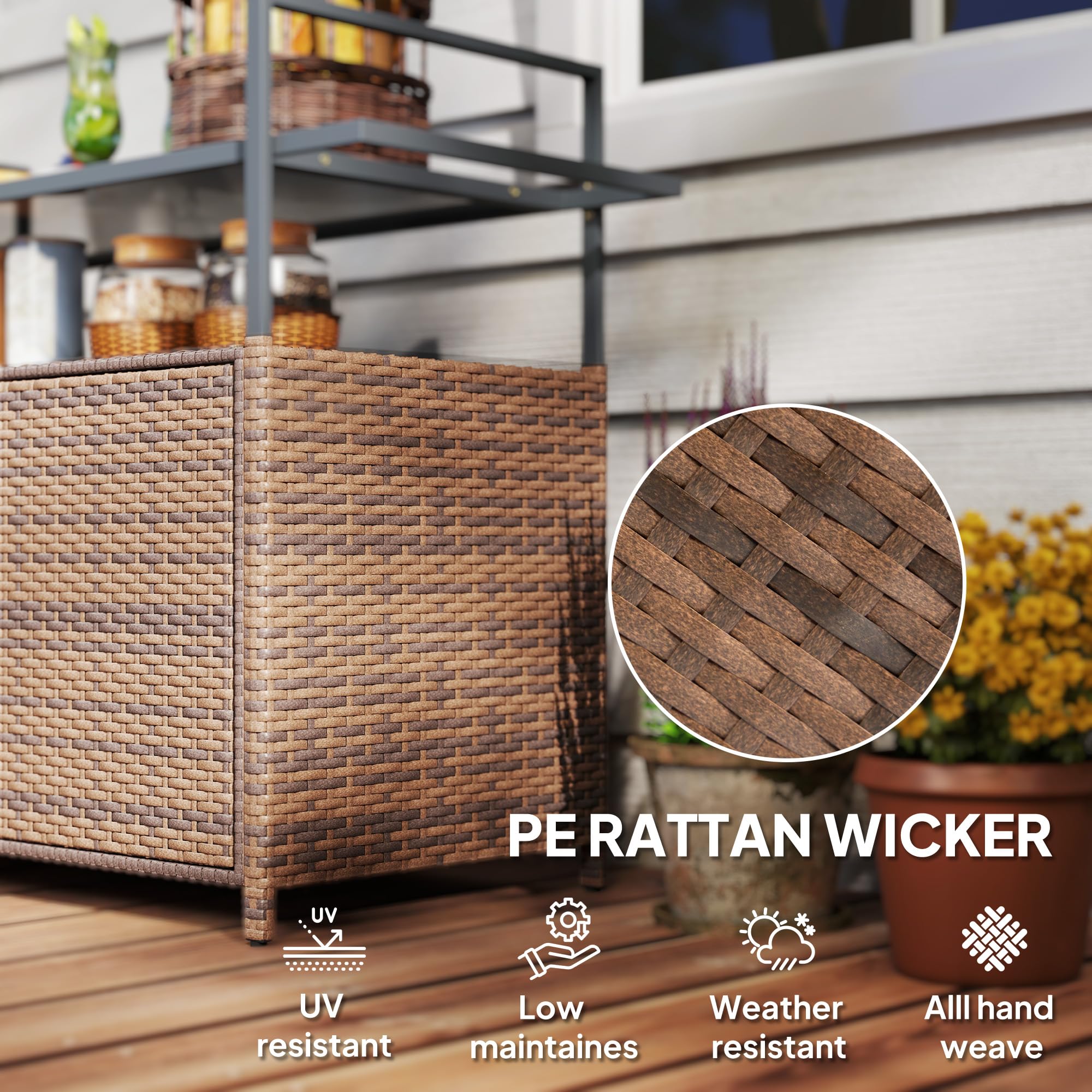 PE Rattan Outdoor Storage Cabinet with Wheels & Glass Top