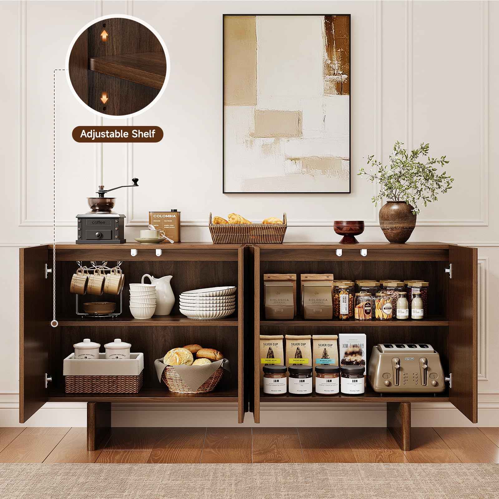 63" Fluted Sideboard Buffet Cabinet with Adjustable Shelves