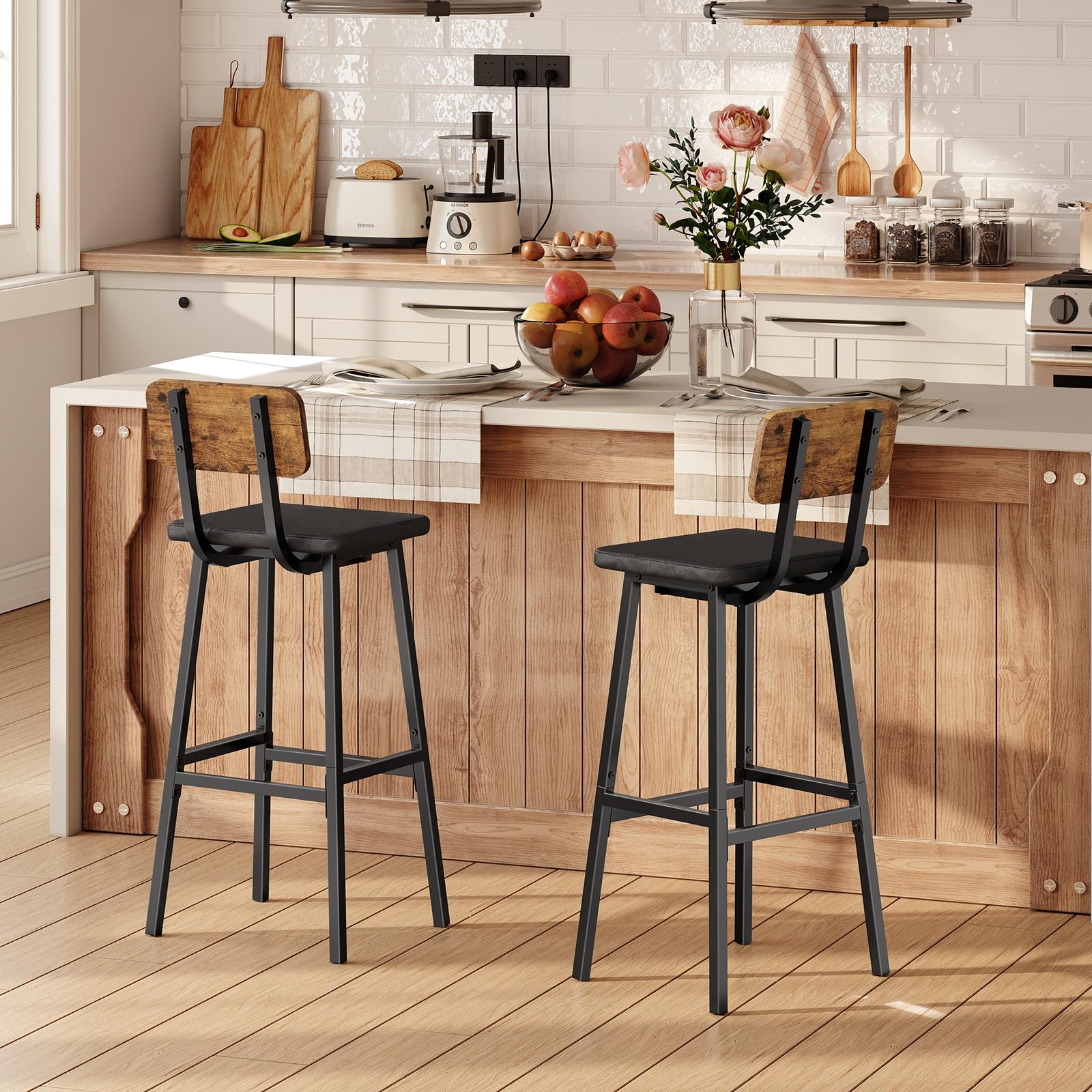 Bar Stools Set of 2 - PU Upholstered with Footrests