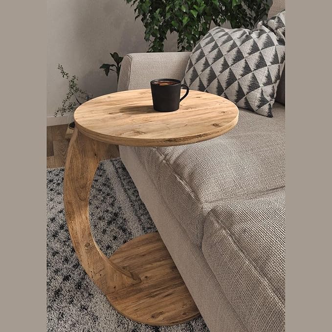 C-Shaped End Table with Wheels - Faux Marble White Round Side Table