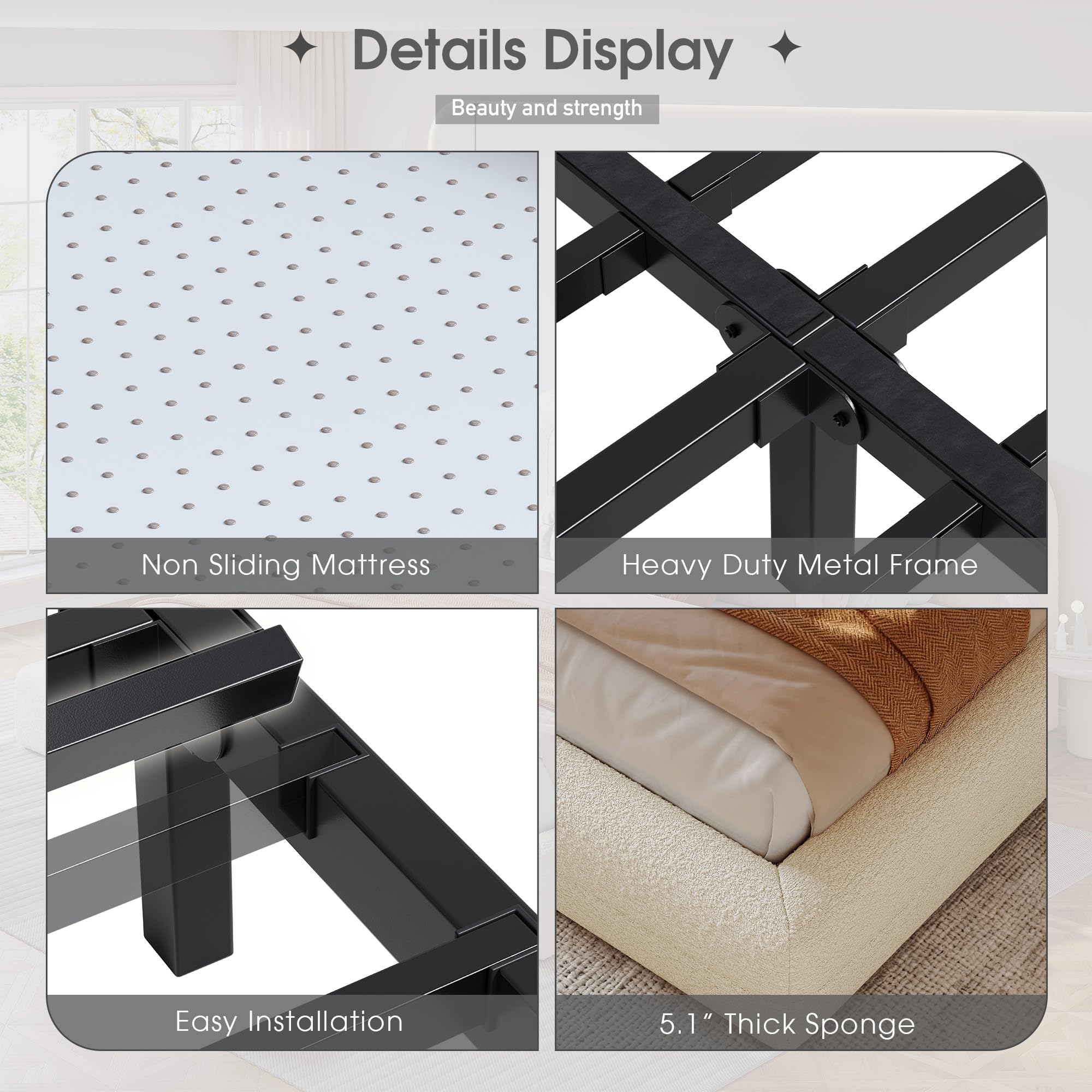 Full Upholstered Platform Bed Frame with Headboard