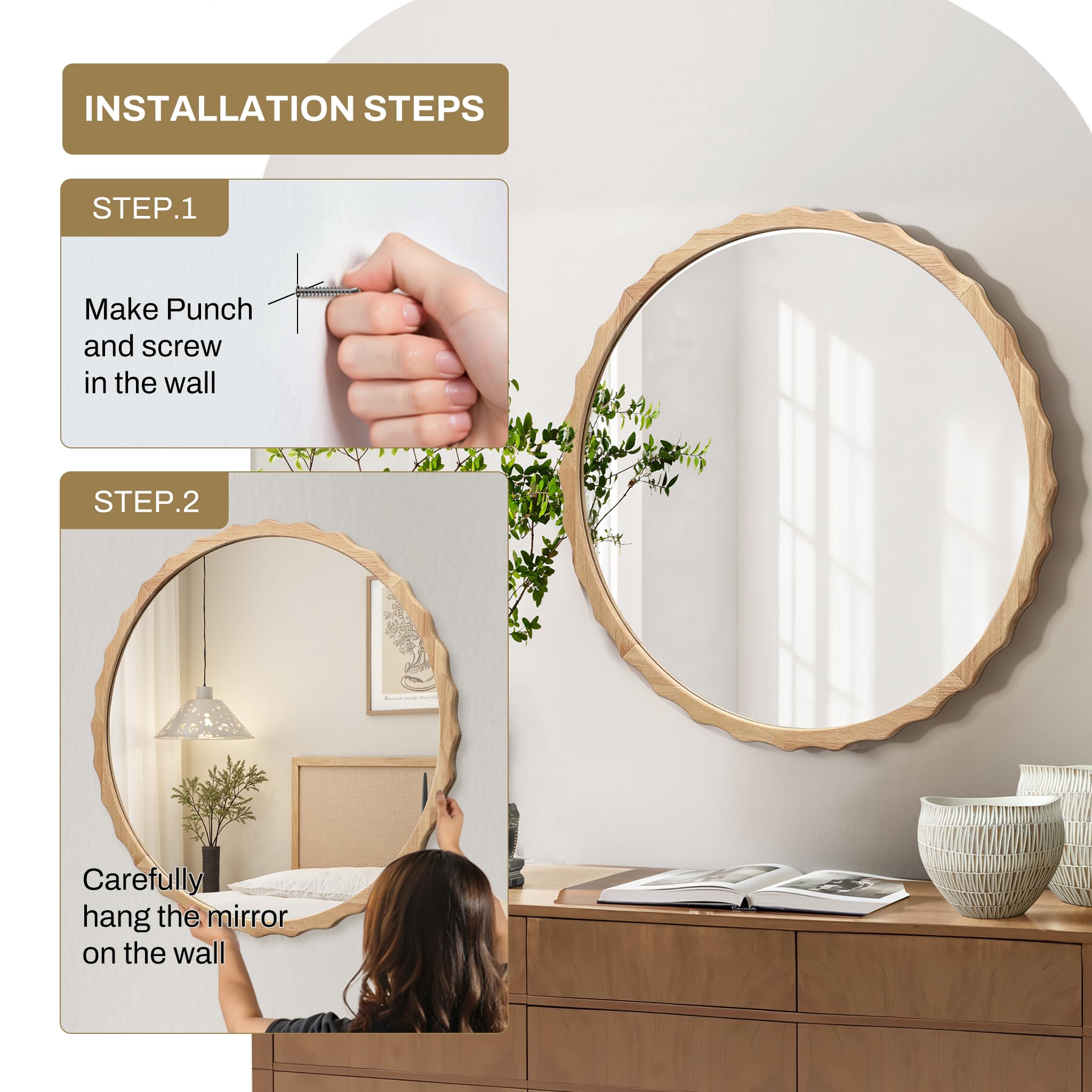 32" Round Wall Mirror with Natural Rubberwood Scalloped Frame