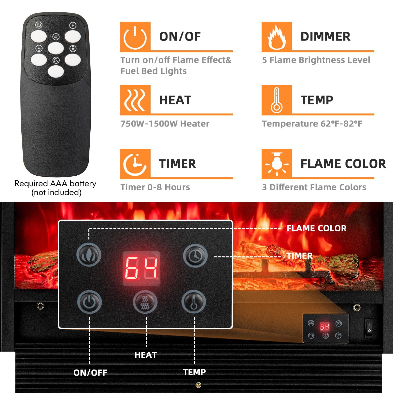28.5" Electric Fireplace Insert with Remote Control