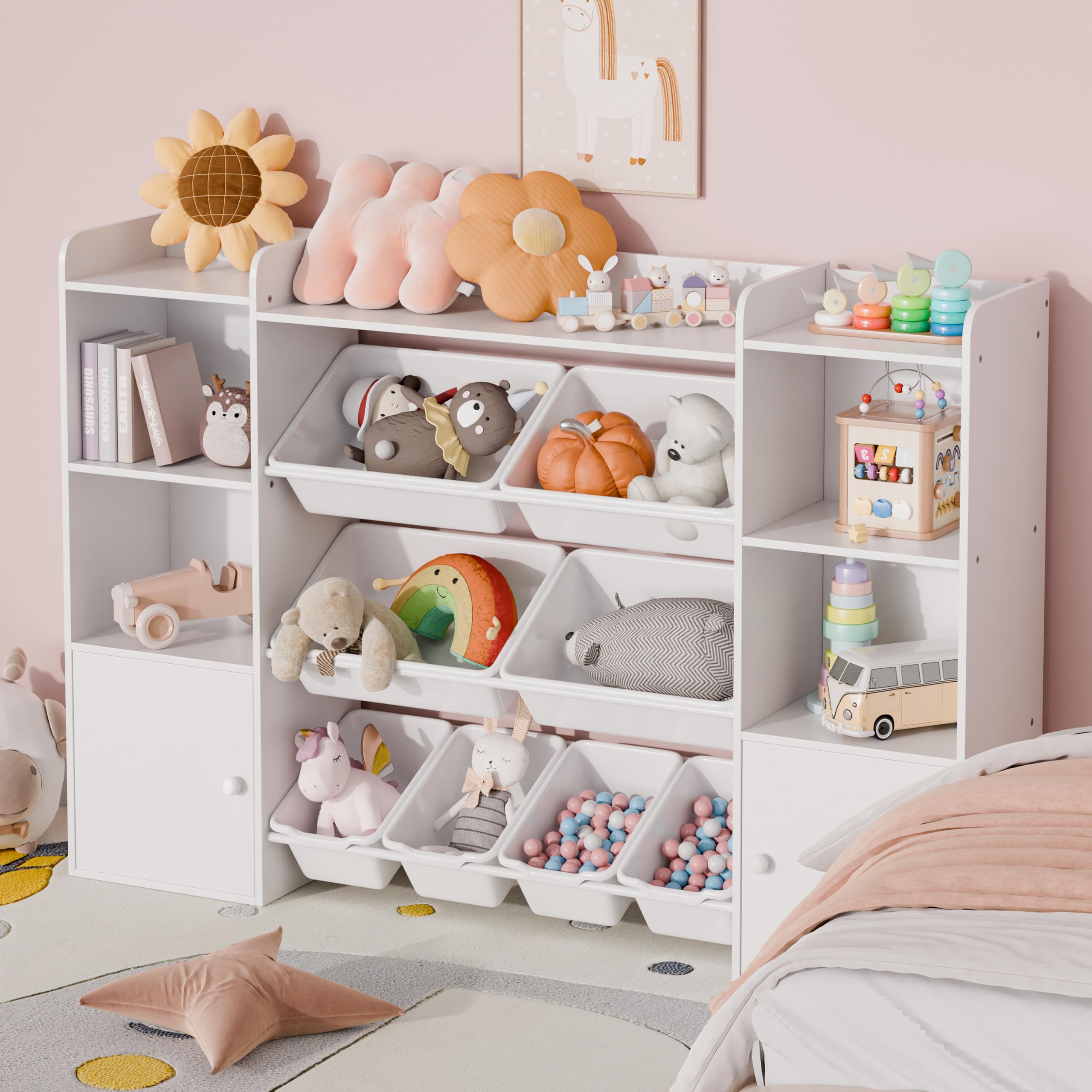 Kids Toy Storage Organizer with 8 Bins and 4-Tier Bookshelf