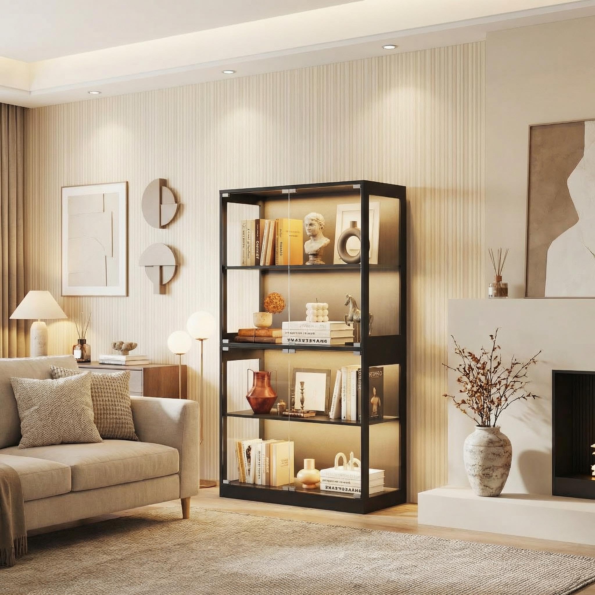 4-Tier Glass Display Cabinet with LED Lights, Human Sensor & Charging Ports
