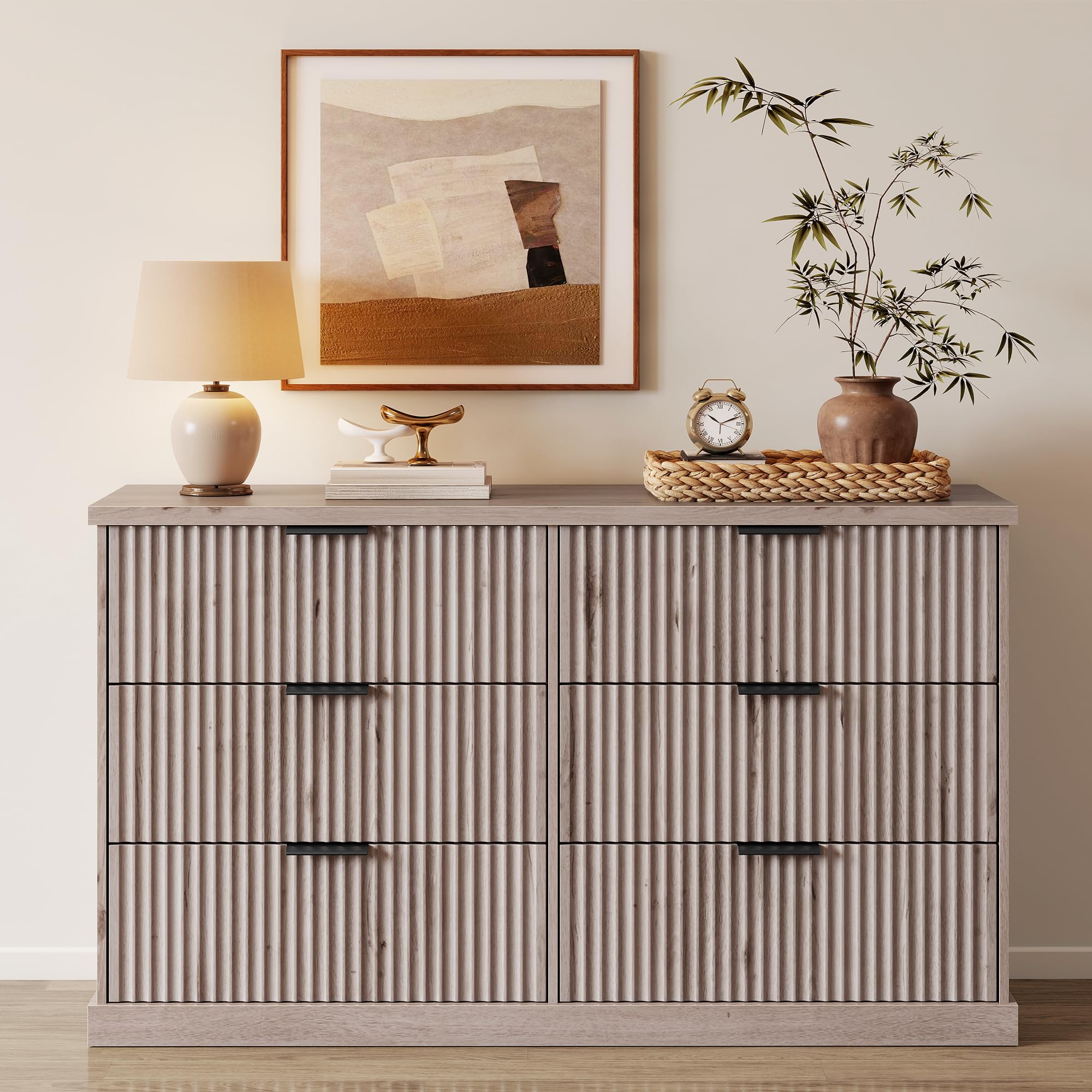 6-Drawer Wide Dresser with Fluted Panels