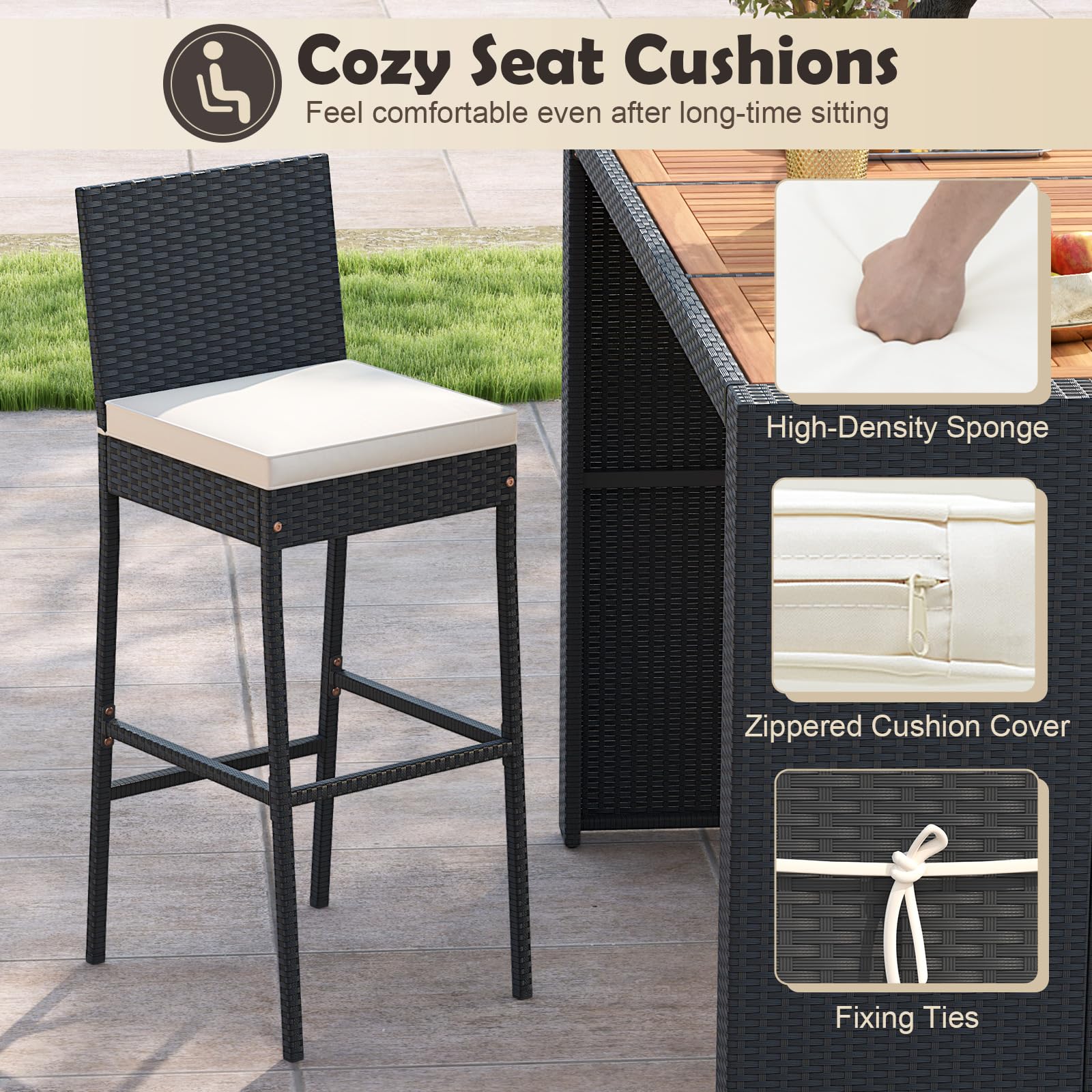 7-Piece Outdoor Bar Set with Acacia Wood Table and Wicker Stools