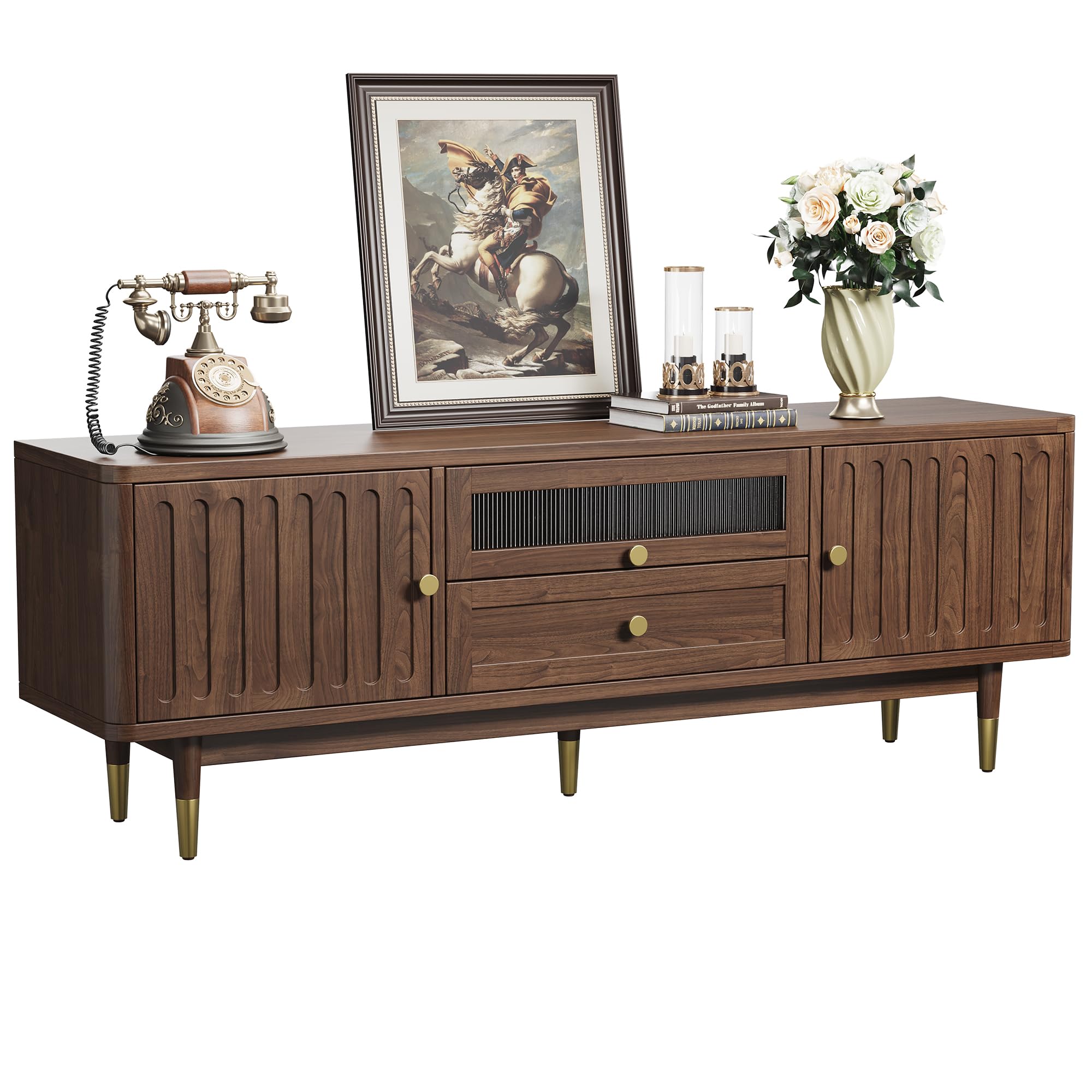 63" Mid Century Modern TV Stand with LED Lighting and Charging Station