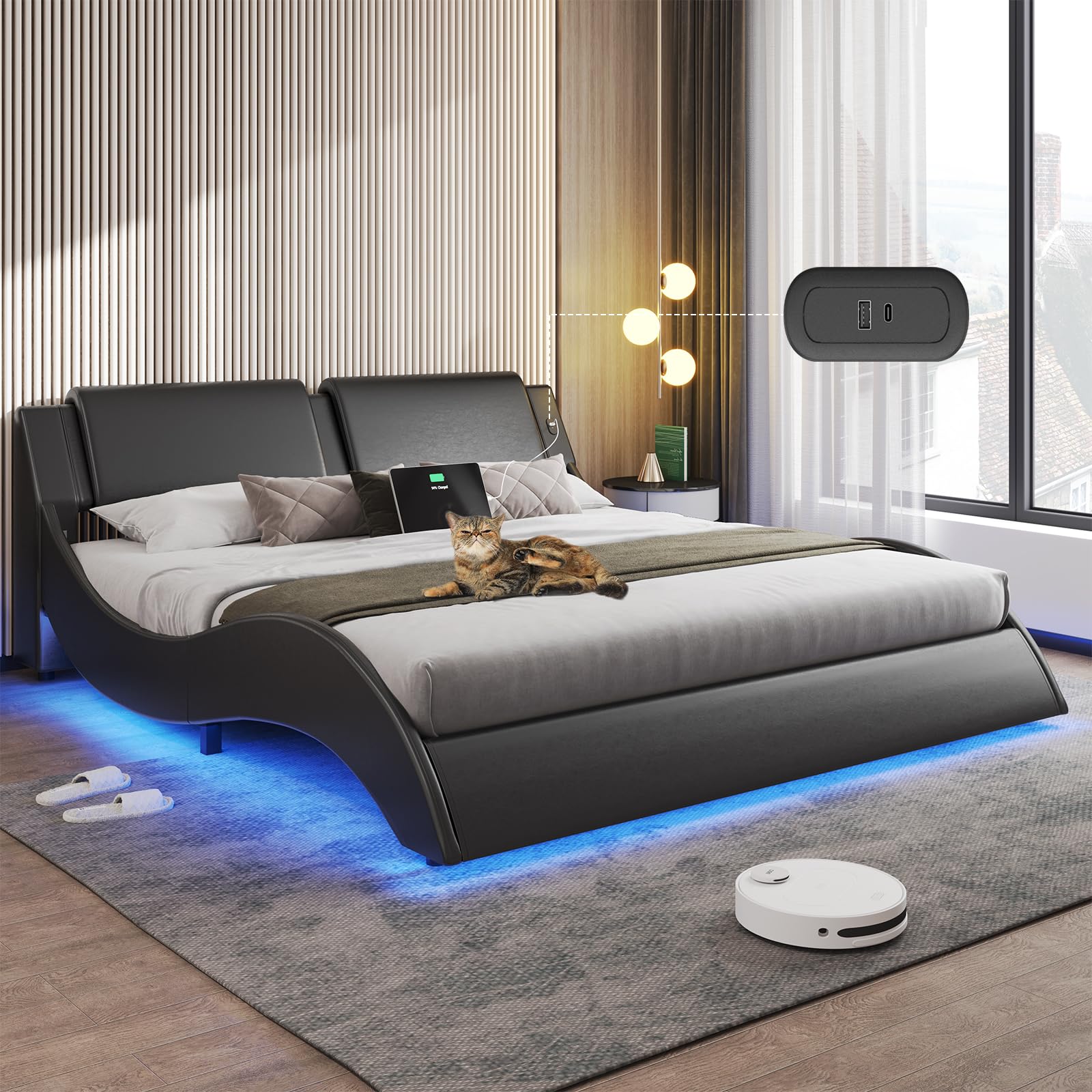 Queen Bed Frame with LED Lights and Charging Ports