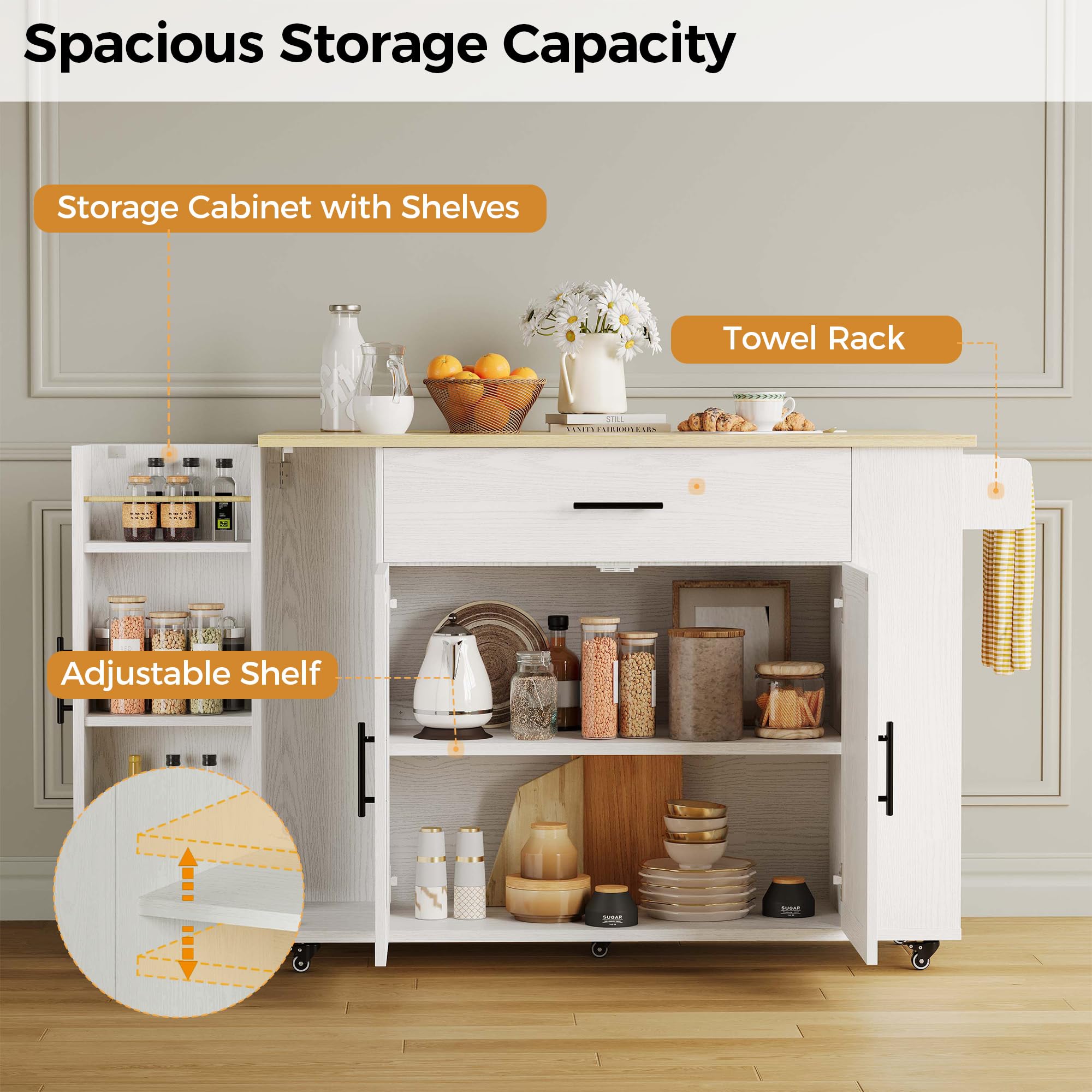 Kitchen Island with Storage 47.2in Rolling Cart on Wheels