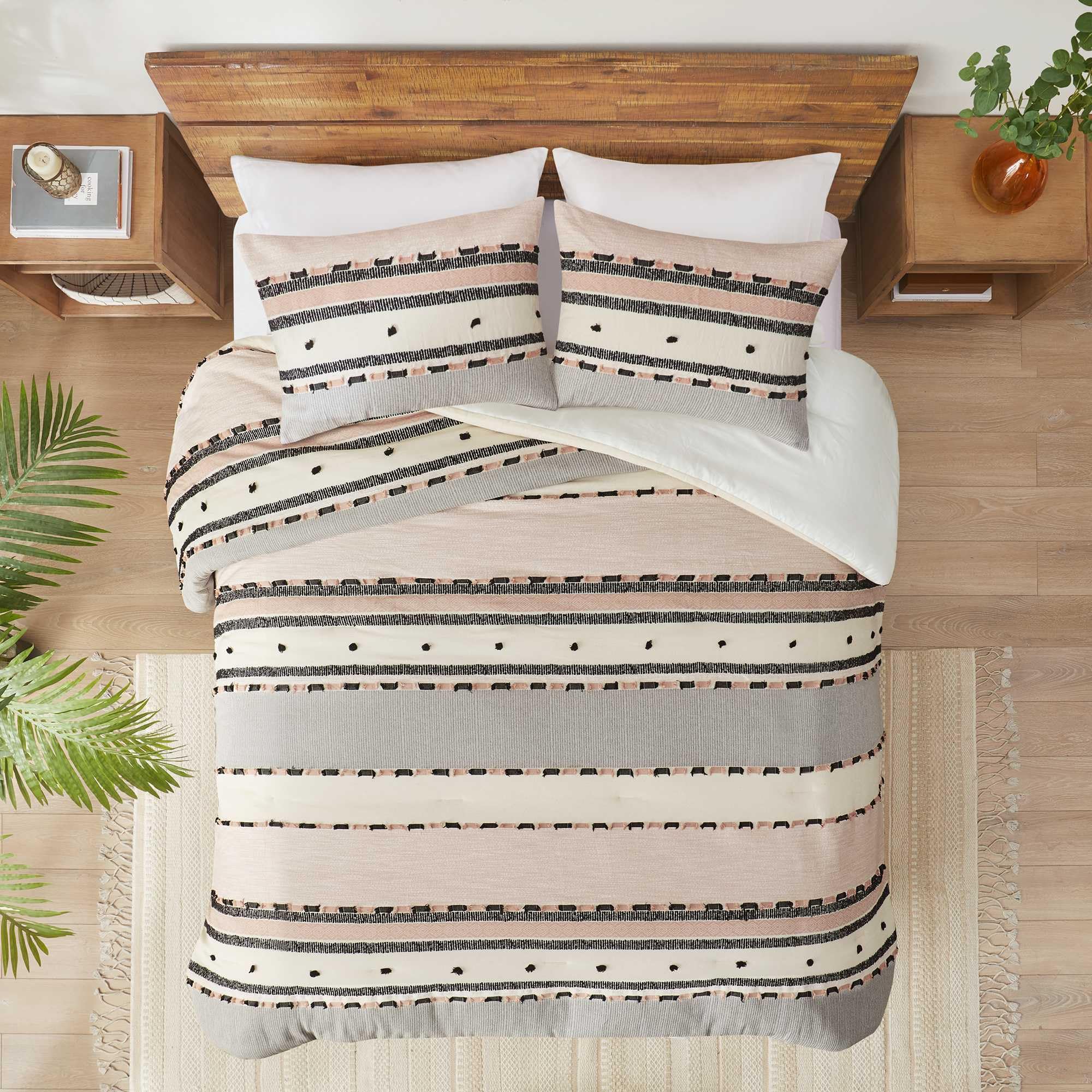 Boho Queen Comforter Set with Cotton Top and Tufted Jacquard Stripes