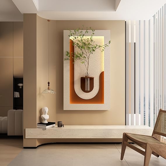3D LED Wall Decor Sculpture with Artificial Plants and Glass Vase