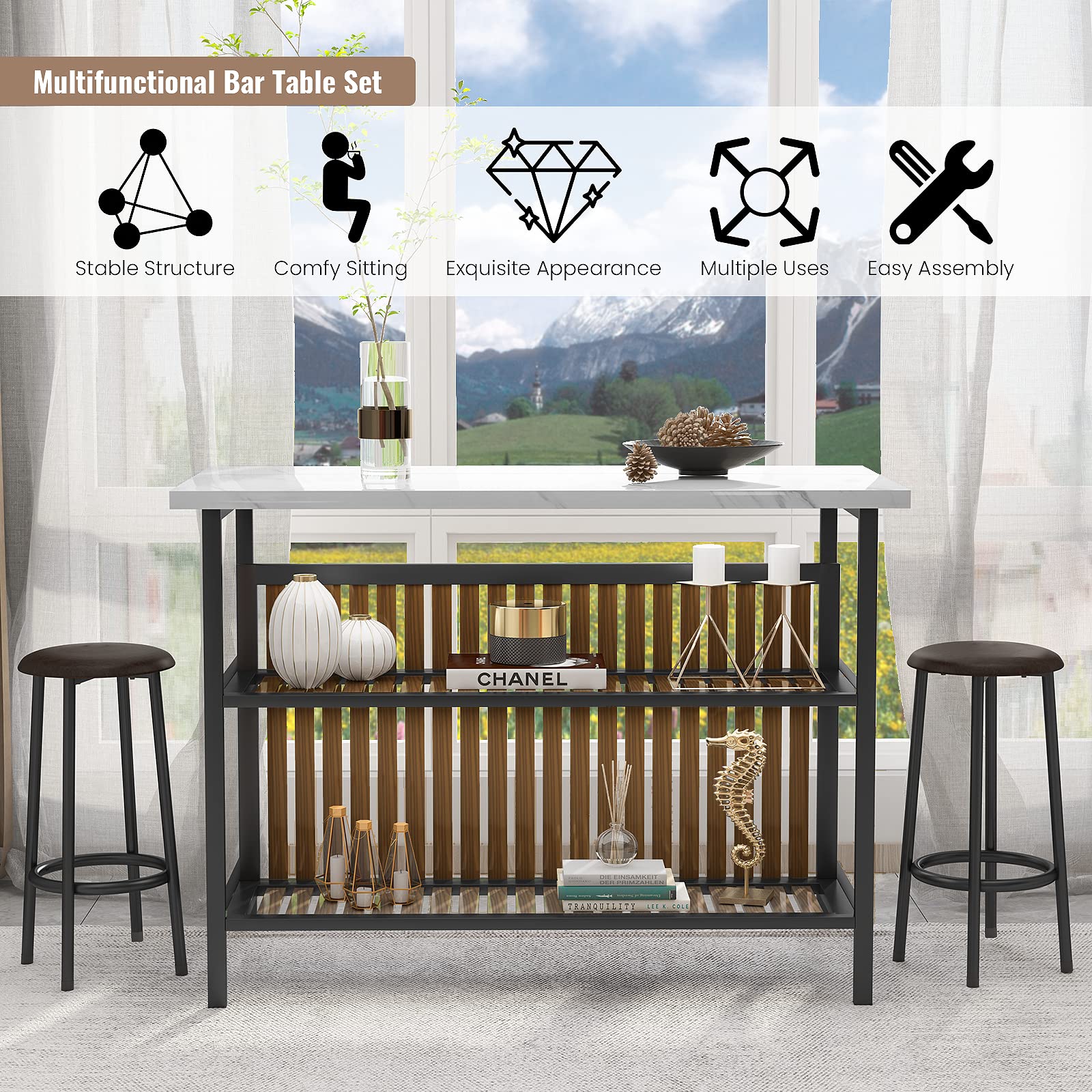 3 Piece Counter Height Bar Table Set with Storage
