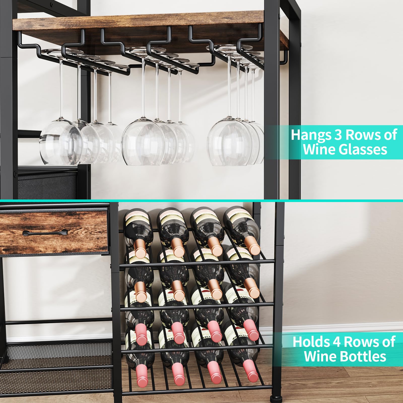 4-Tier Wine Rack with Glass Holder and Fabric Drawer