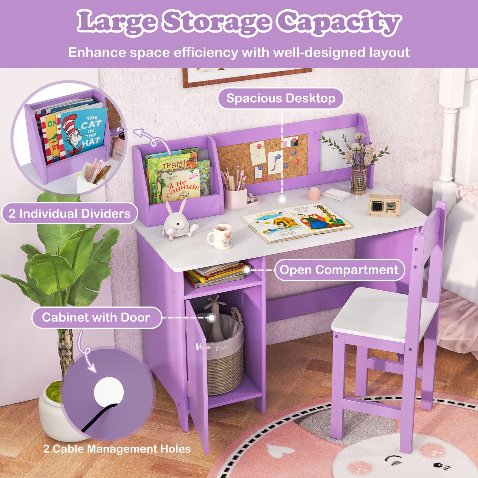 Kids Desk and Chair Set with Hutch, Cork Board and Whiteboard