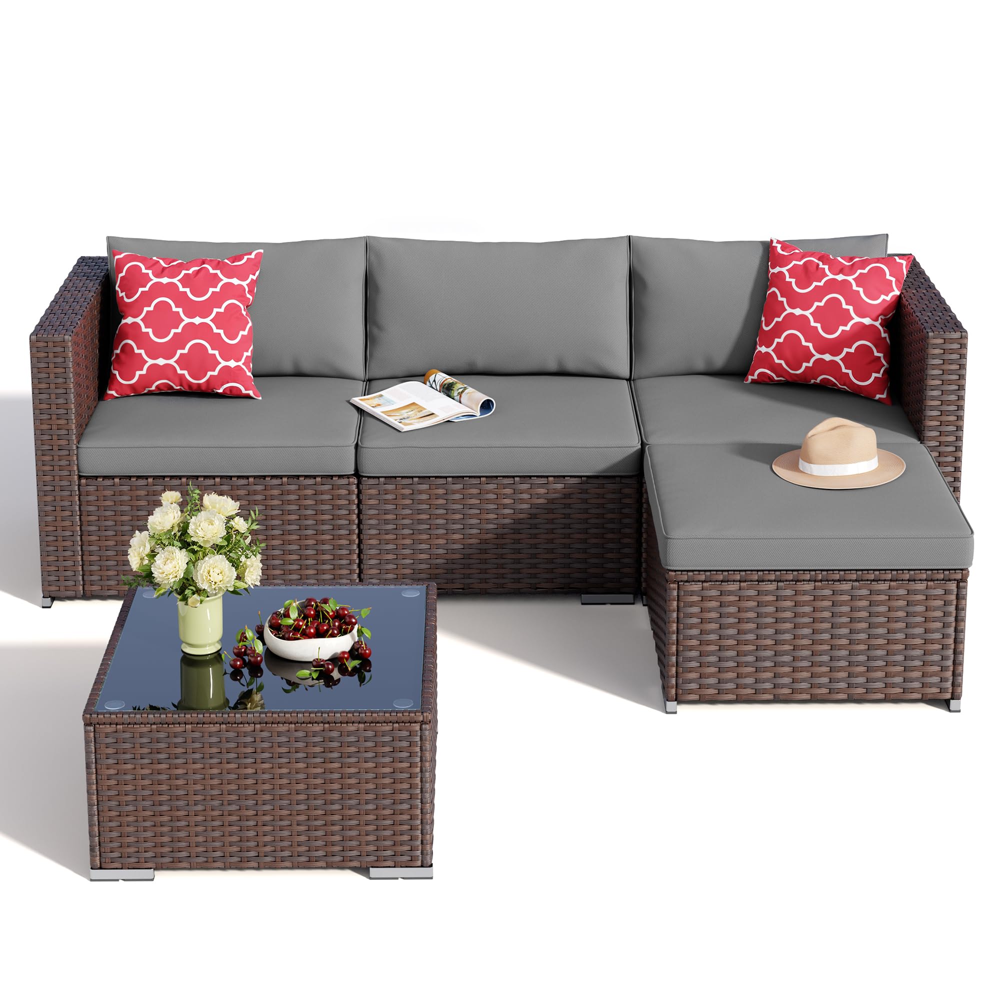 5-Piece Outdoor Wicker Sectional Set with Cushions