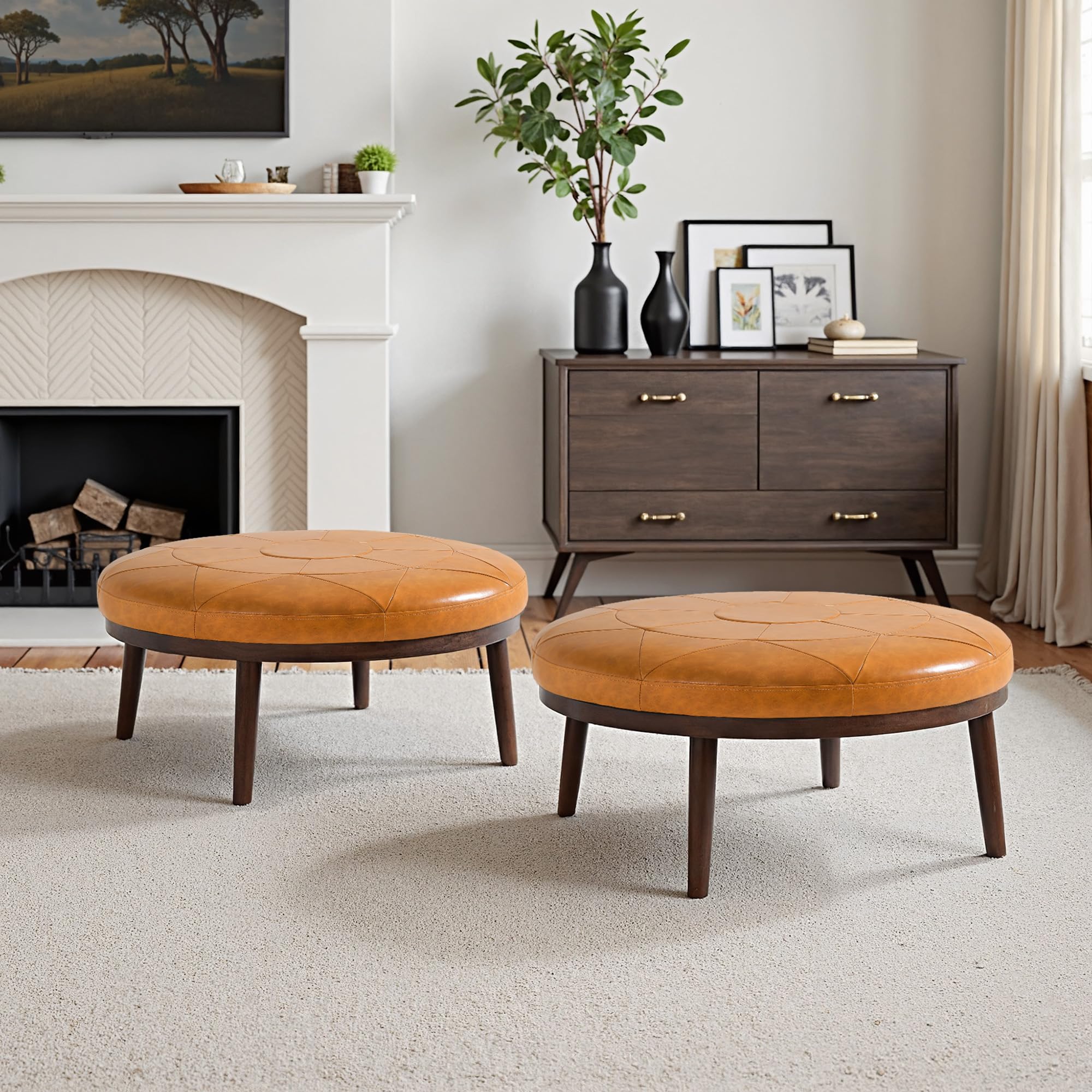 Round Leather Ottoman Coffee Table