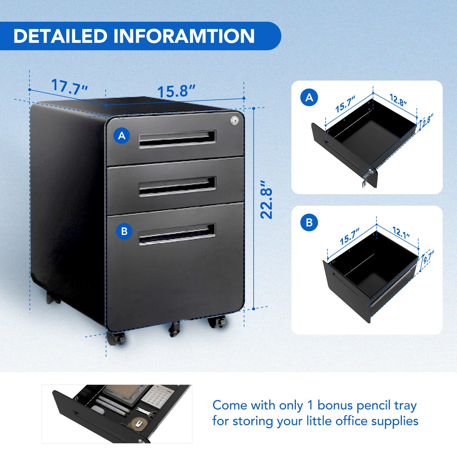 3 Drawer Mobile File Cabinet with Lock and Wheels