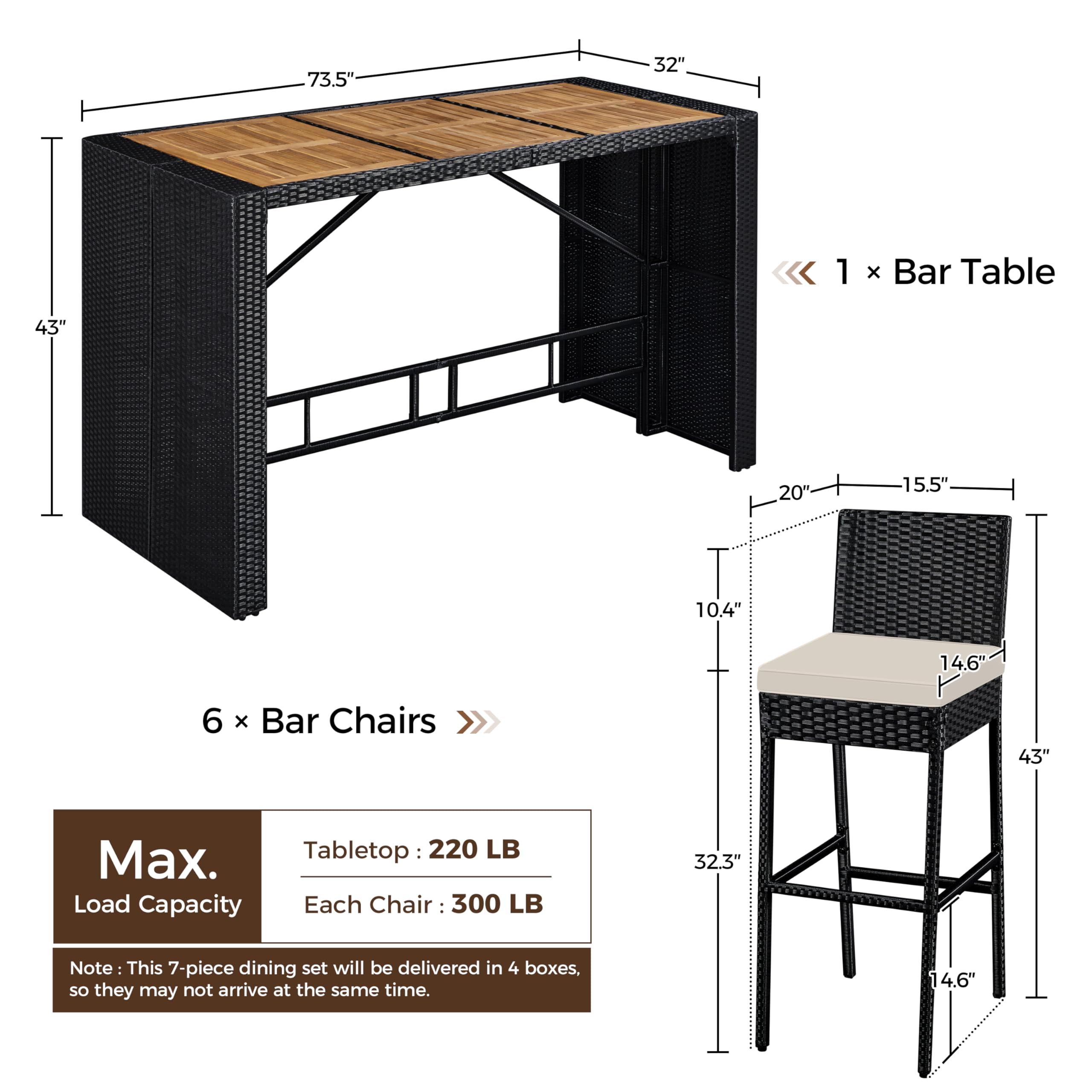 7 Piece Outdoor Bar Set with Acacia Wood Table