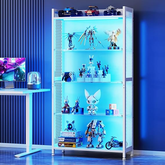 4-Tier Display Cabinet with LED Lights and Glass Shelves