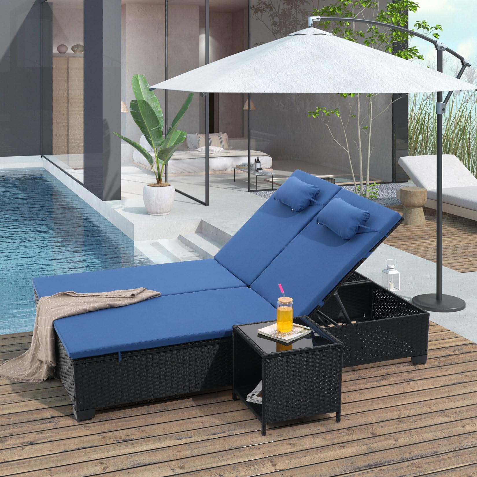 Outdoor Patio Wicker Chaise Lounge Set of 3 with Adjustable Backrest and Table