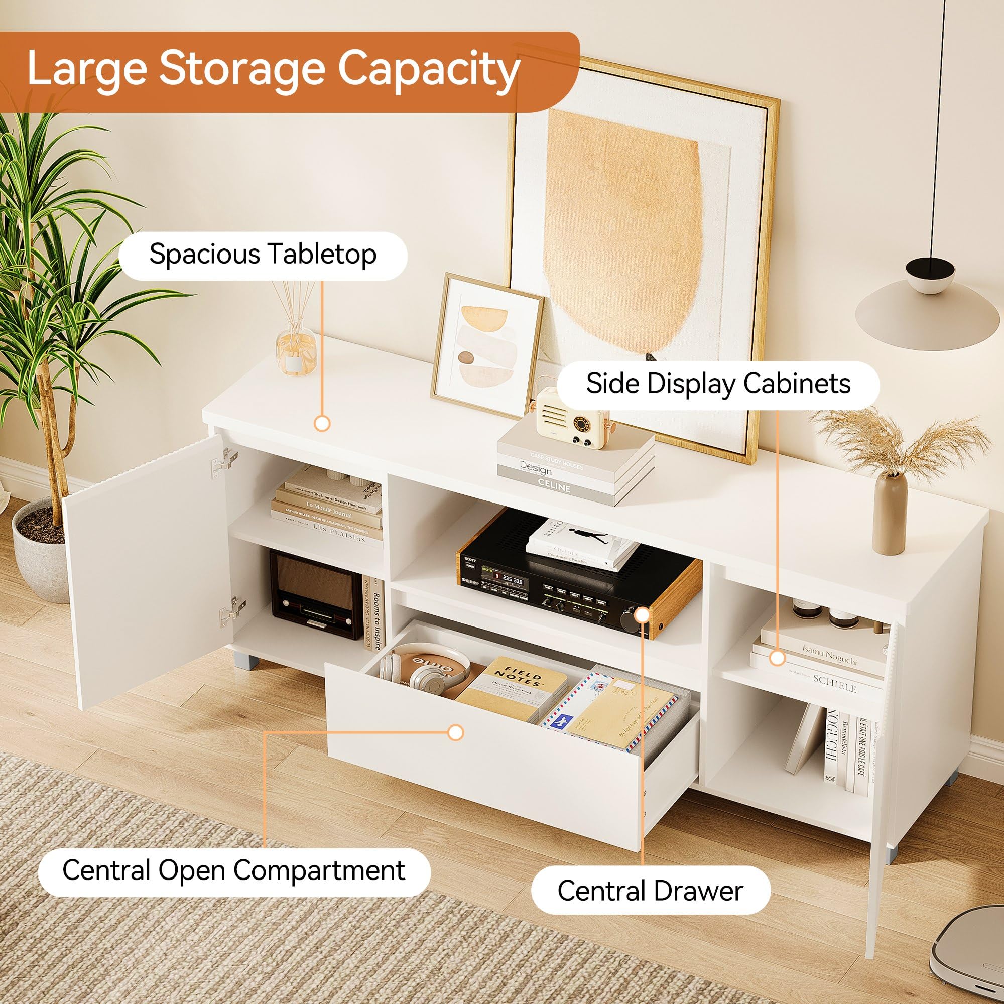 63 Inch TV Stand with Storage Drawer and Open Shelves