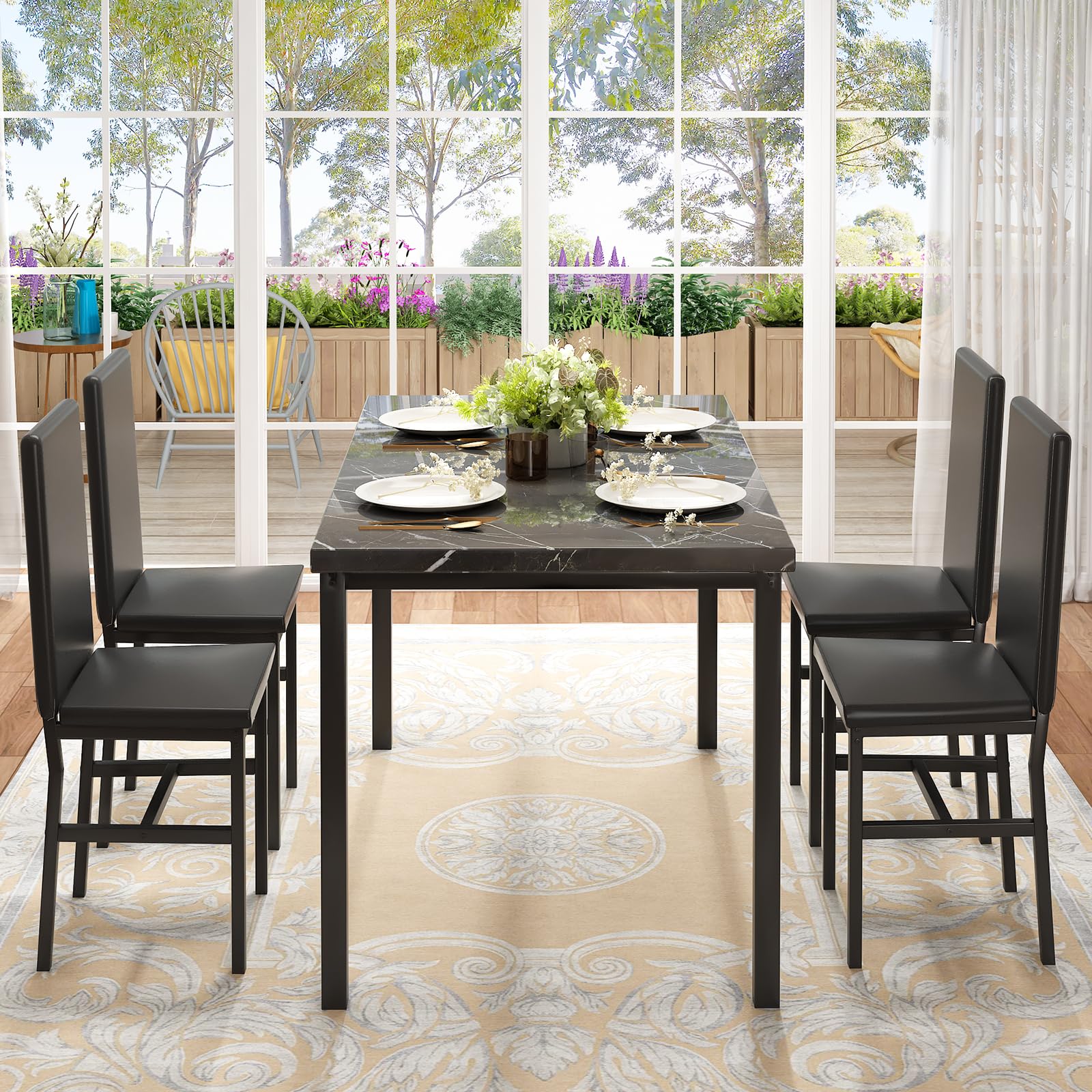 5-Piece Faux Marble Dining Table Set with 4 Chairs