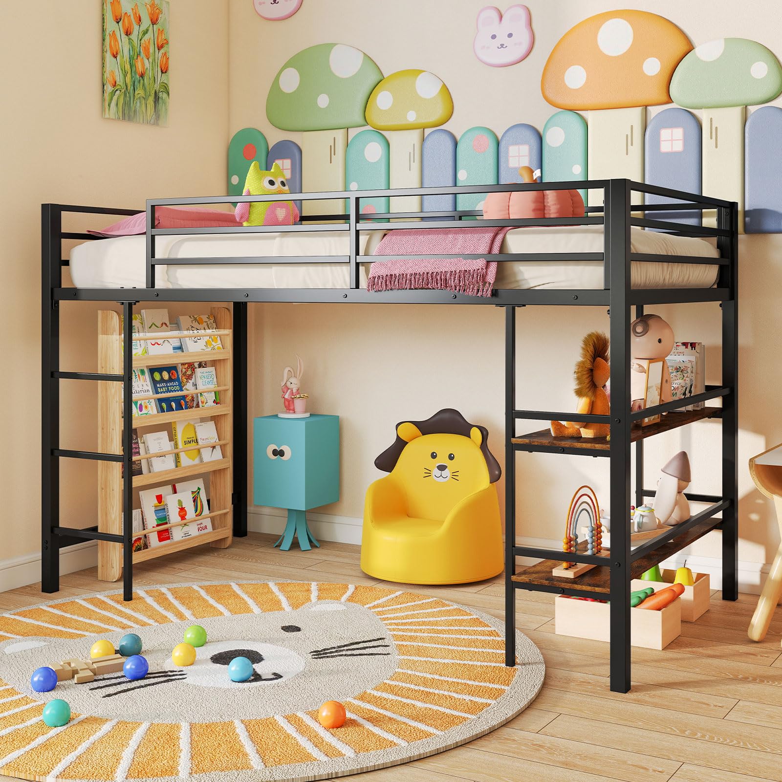 Low Loft Bed Twin Size with Storage Shelves and Ladder