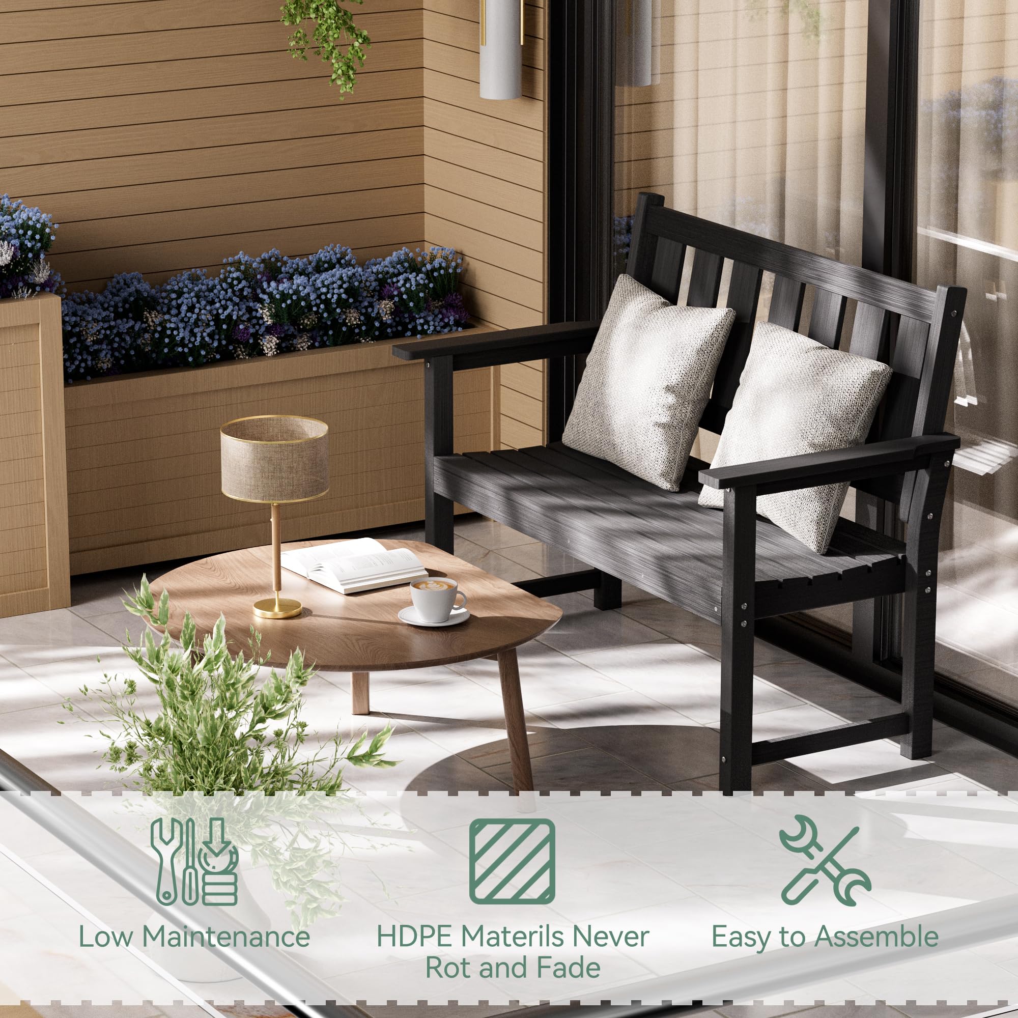 HDPE Outdoor Garden Bench 50" Weatherproof 2-Person