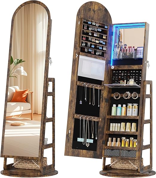 Arched Mirror Jewelry Cabinet with LED & 360° Swivel