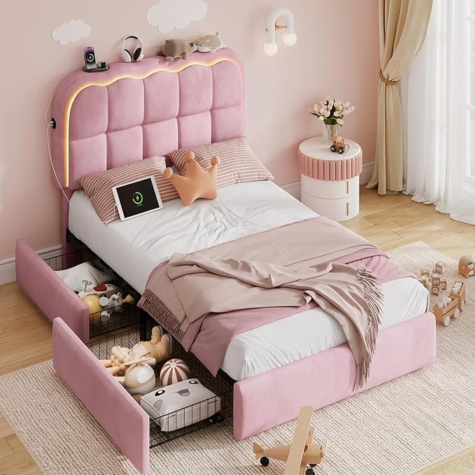 Twin Velvet Platform Bed with Storage & LED Headboard