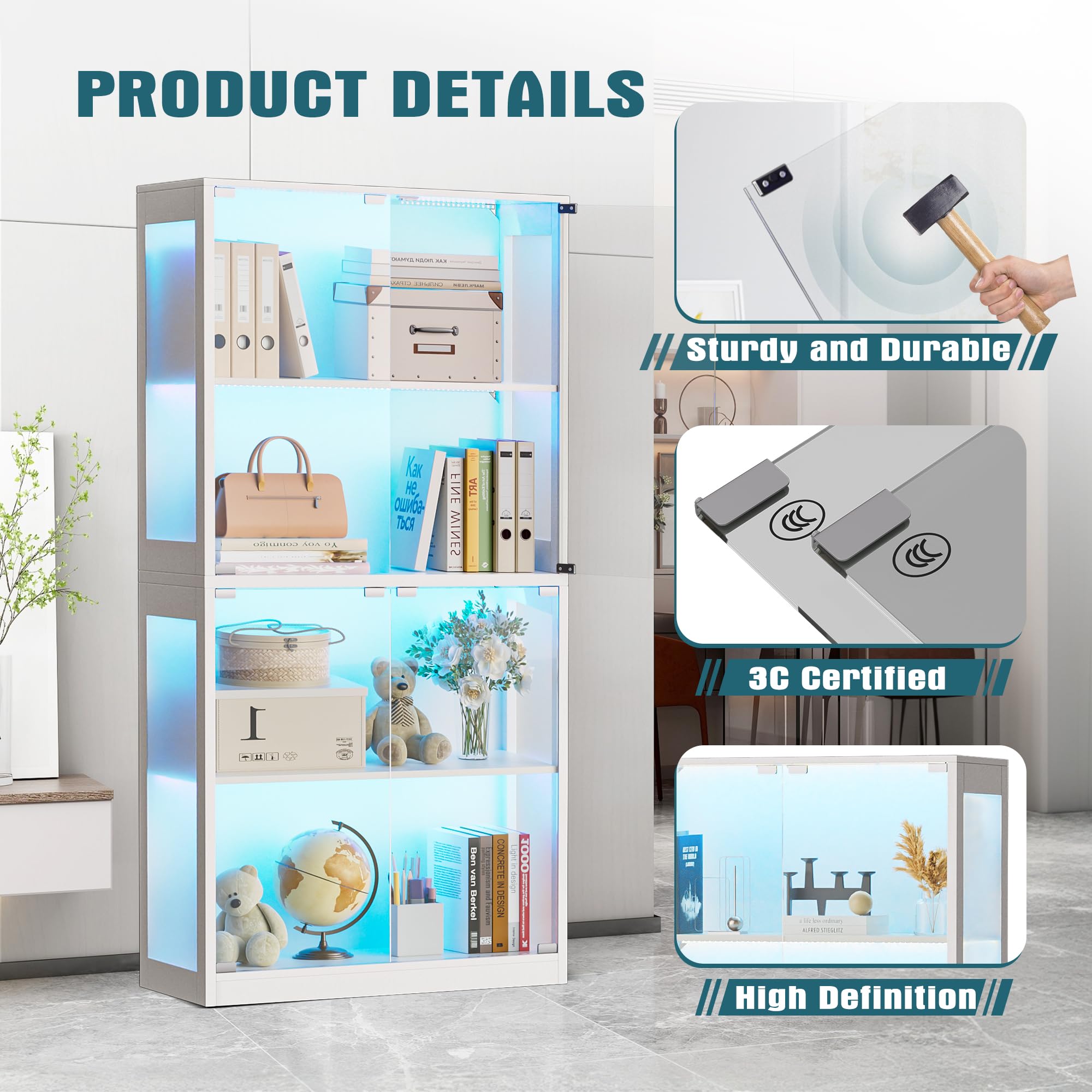 4-Tier Display Cabinet with Glass Doors and LED Lights