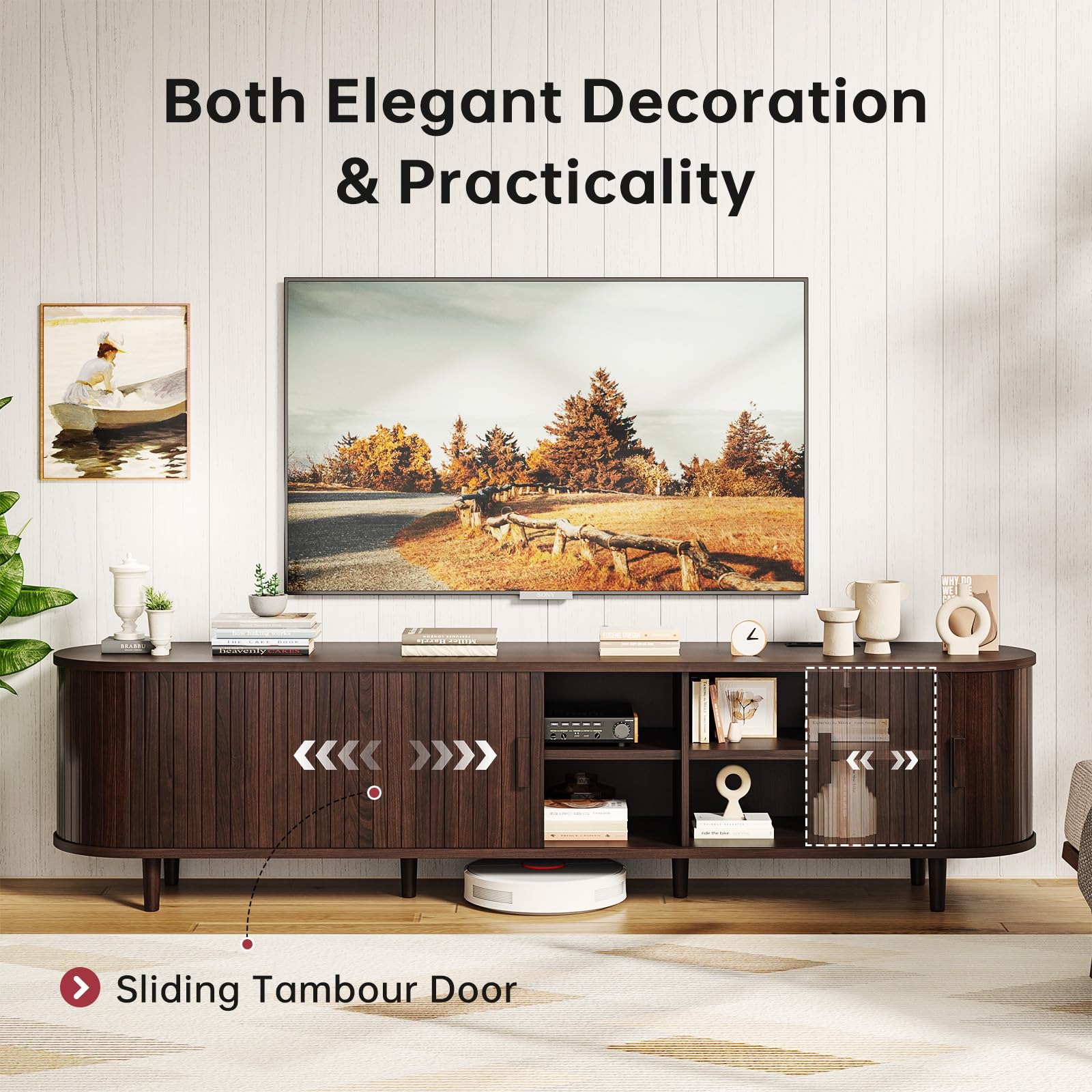 70" Mid Century Modern TV Stand with Sliding Doors