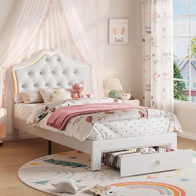 Twin Bed Frame with LED Lights and Storage Drawer