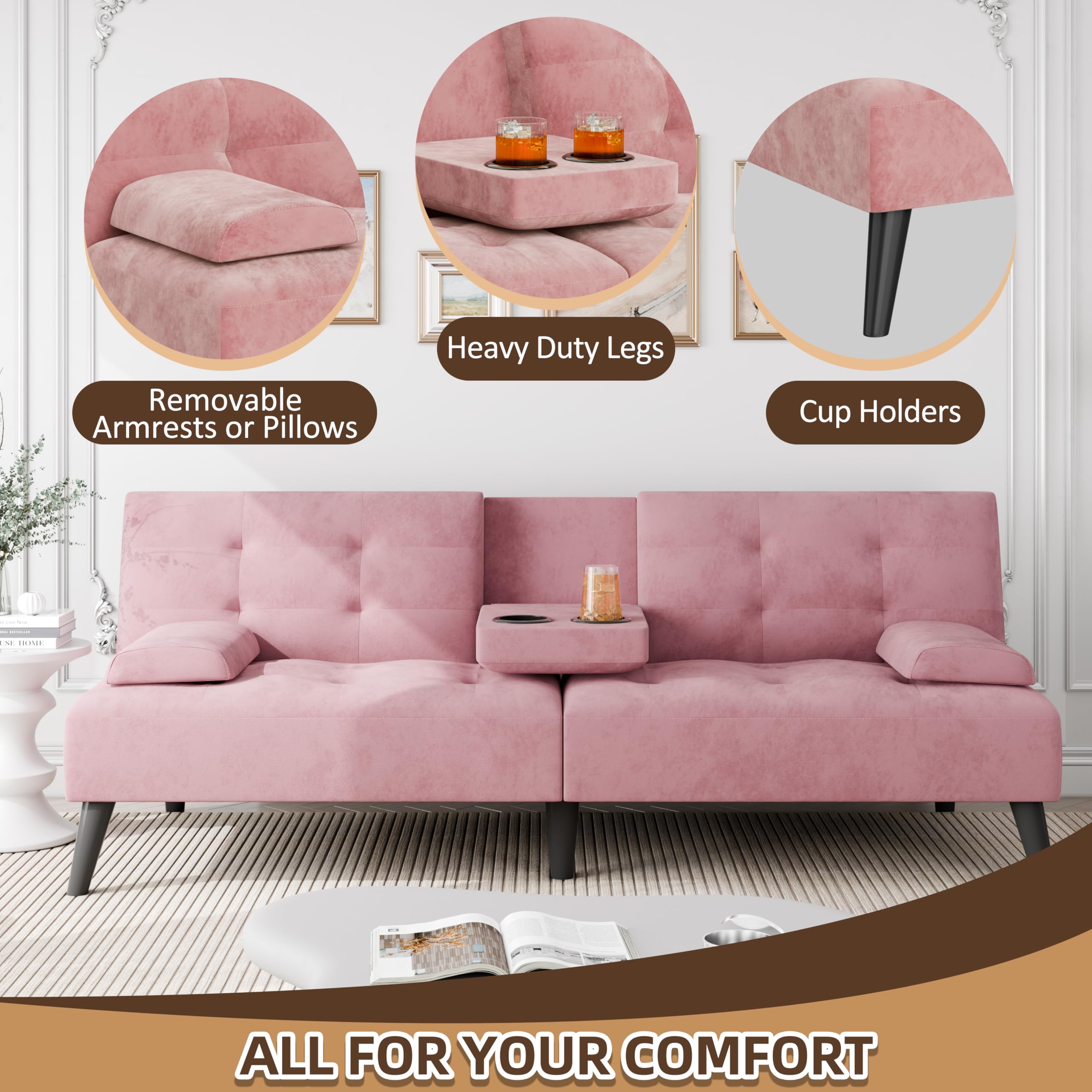 Pink Velvet Convertible Futon Sofa Bed with Cup Holders