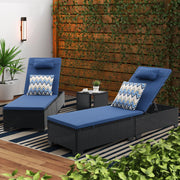 Outdoor Patio Wicker Chaise Lounge Set of 3 with Adjustable Backrest and Table