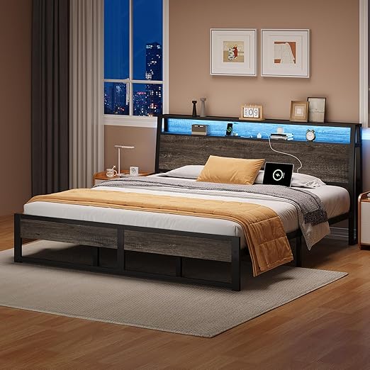 Twin Metal Bed Frame with LED Lights and Charging Station