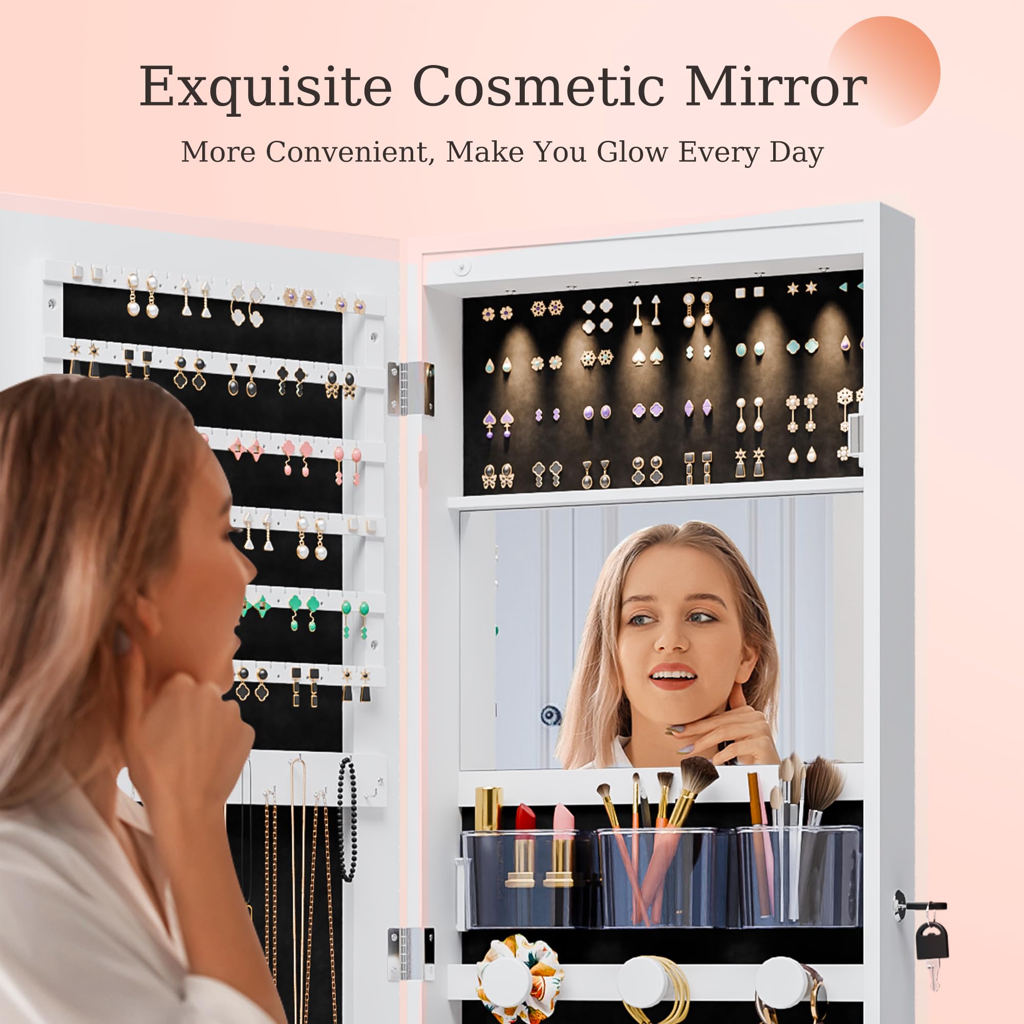 Wall Mounted Mirror Jewelry Cabinet with LED Lights