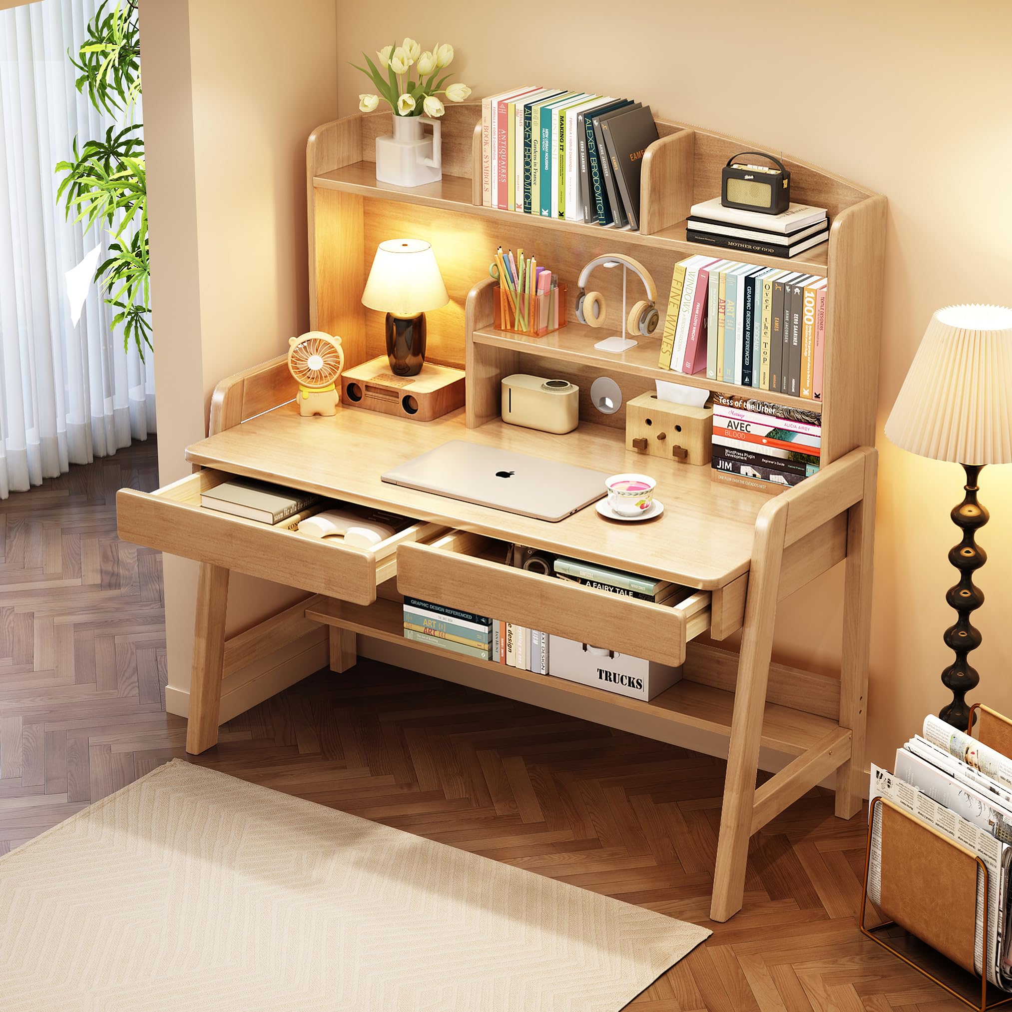Kids Wooden Study Desk with Bookshelf and Two Drawers