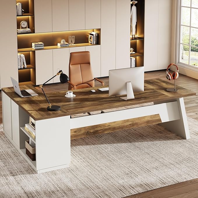 78" L-Shaped Executive Desk with Drawers and File Cabinet