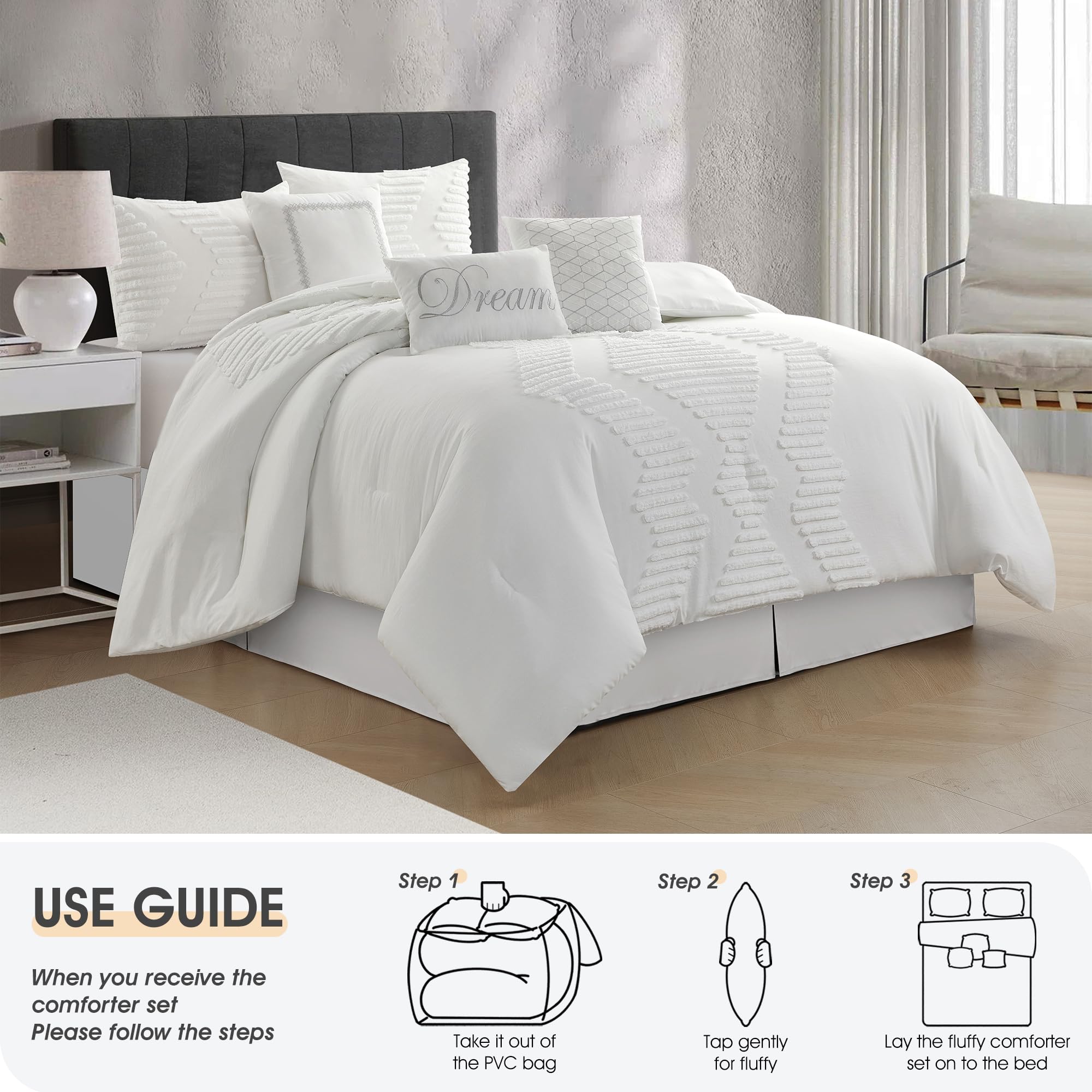LANCO MODERN LIFESTYLE White Comforter Set 7 Piece, King, Tufted Embroidery Geometric, Ultimate Comfort Bedding Set for All Seasons, Bed in a Bag Included Comforter, Bedskirt, Shams and Decor Pillows