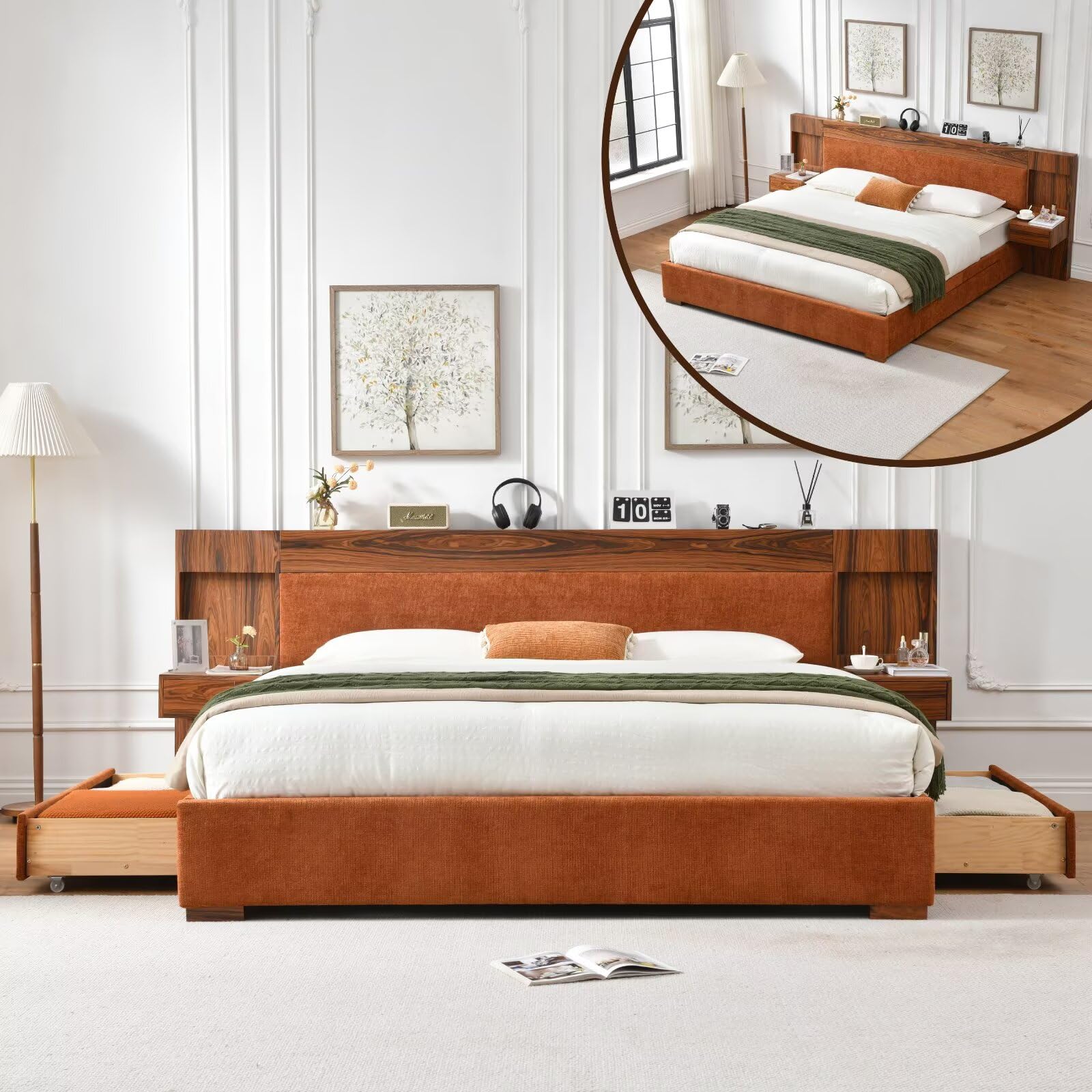 King Bed Frame with Nightstands and Storage Drawers