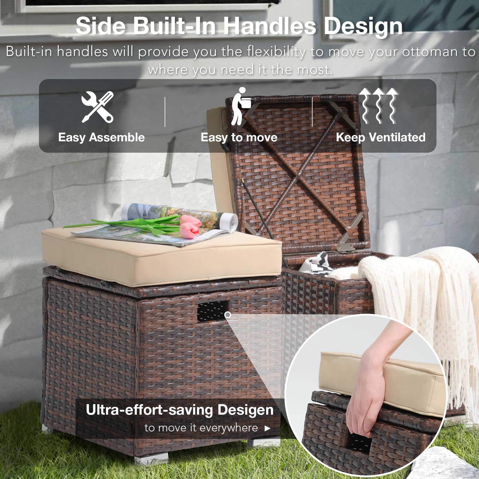 2-Piece Outdoor Patio Storage Ottoman Set - Beige Rattan Wicker